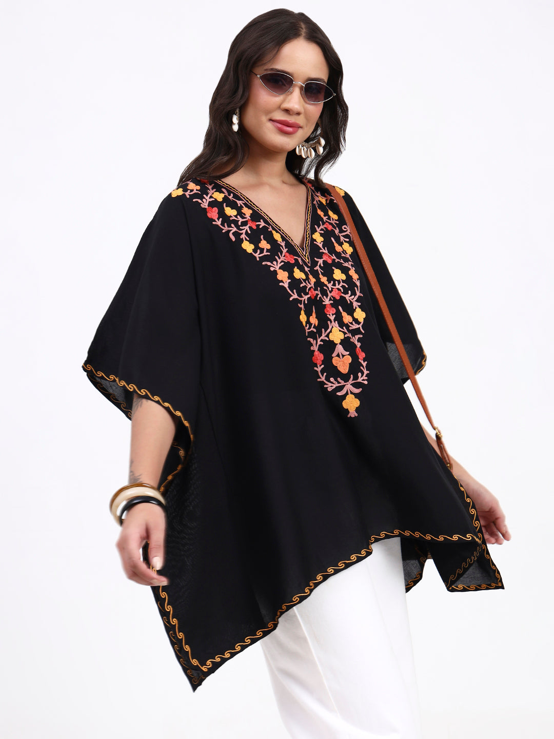 Kashmiri Aari Embroidered Short Cotton Kaftan, Embroidered Cotton Kaftan Regular Fit Top, Short Kurti For Summer