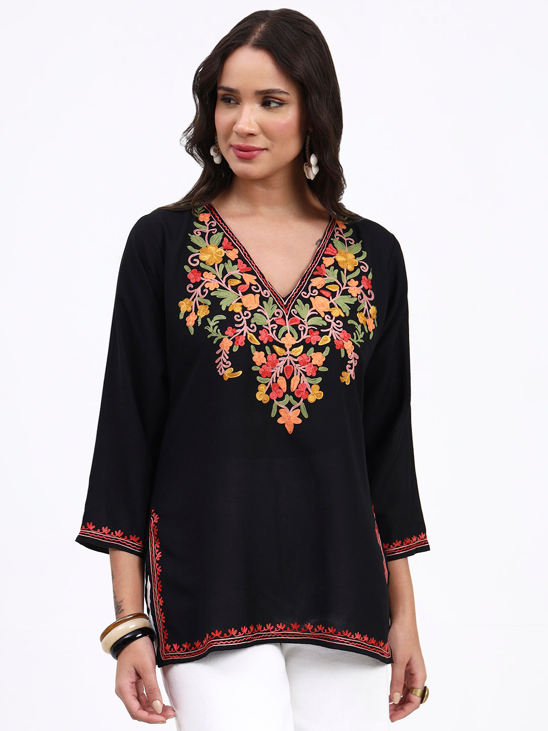 Kashmiri Aari Embroidered Short Cotton Kurti For Womens