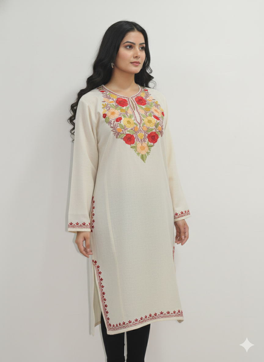 Kashmiri Pheran, Women Tunics, Indian Kurtis, Woolen Embroidered Pheran, Fine Merino Wool 42 Count (Raffal) Pheran