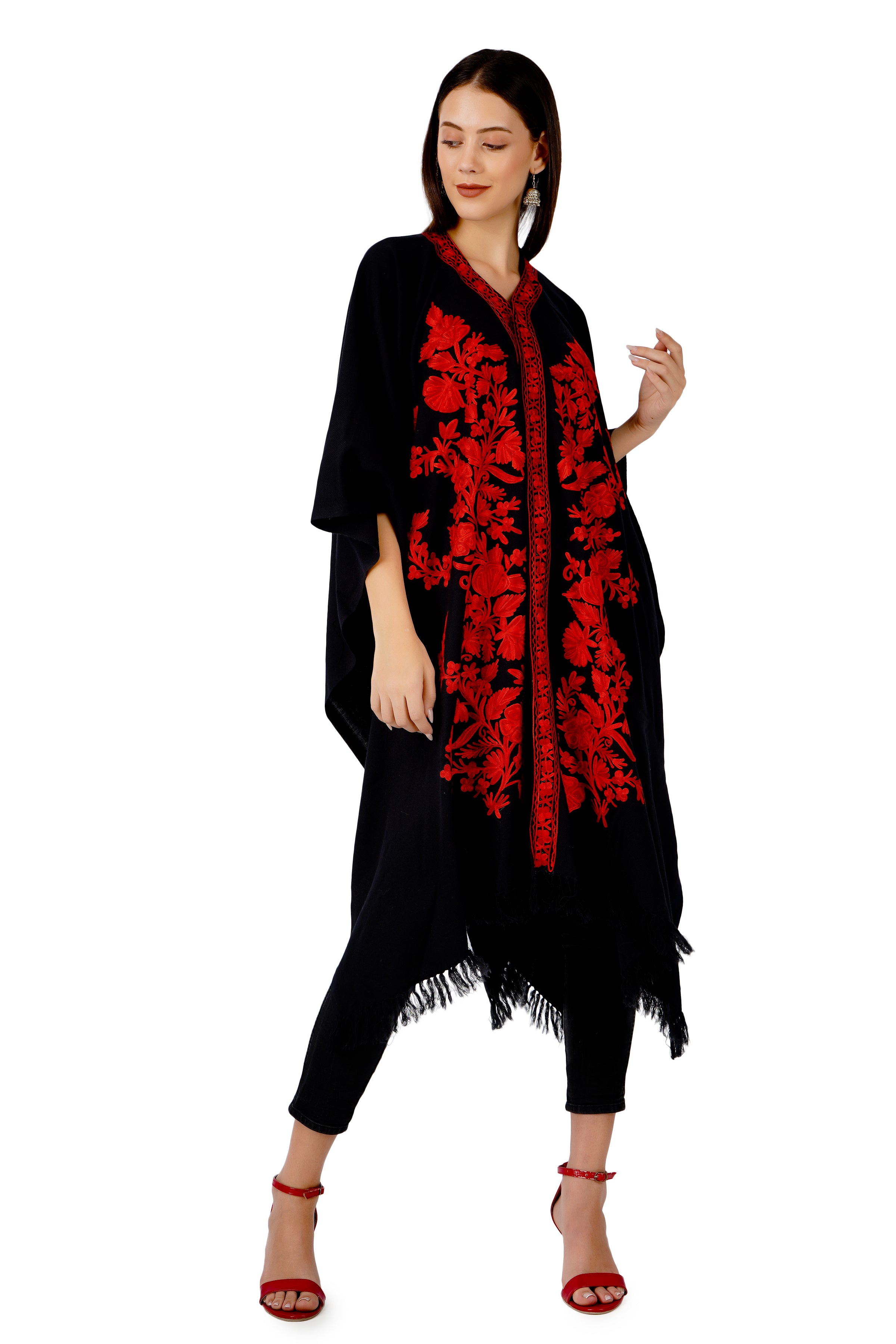 Kashmiri Aari Embroidered Cape Shawl for women, floral embroidered woollen cape shawl, womens poncho, Indian Wrap for women, winter wrap