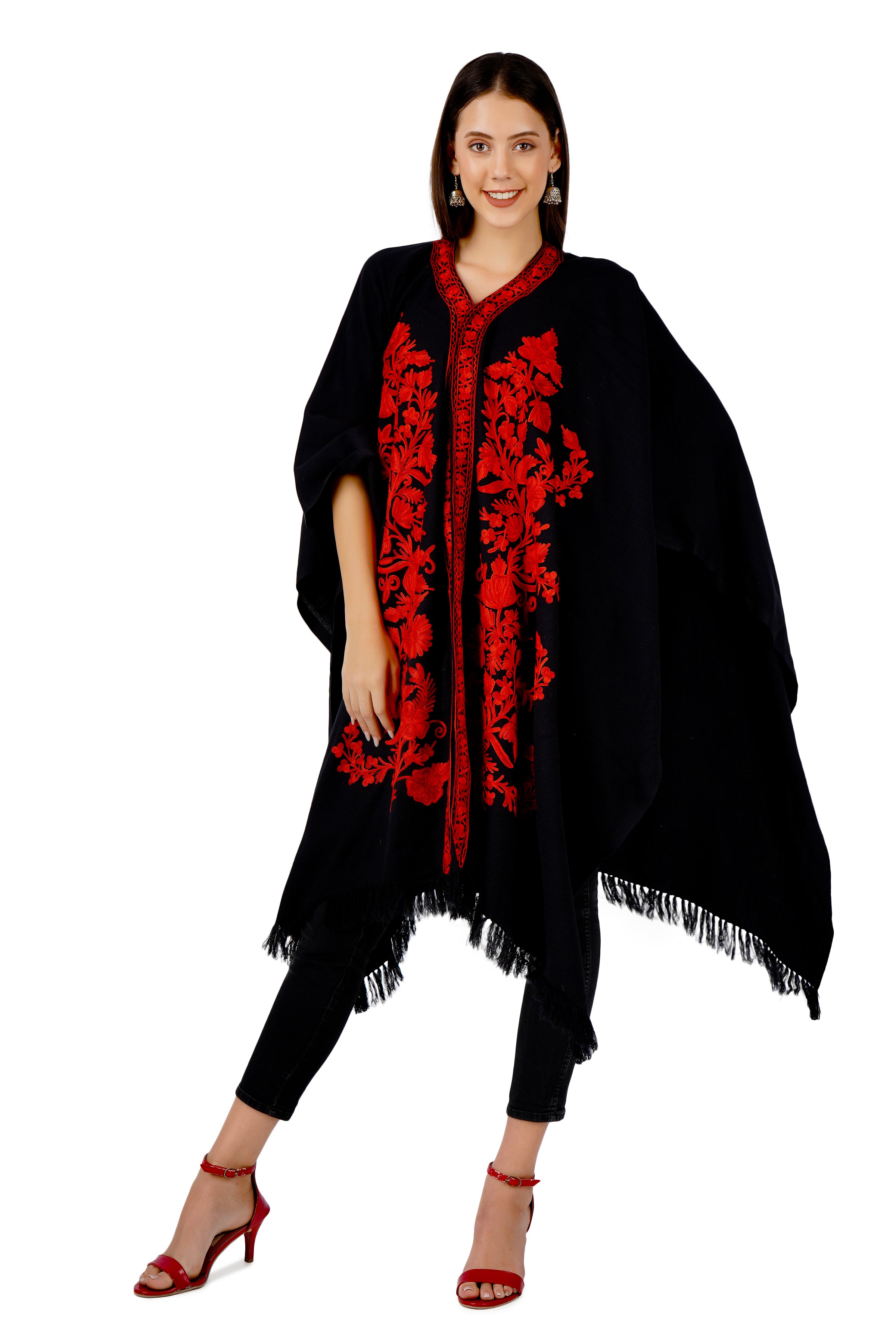 Kashmiri Aari Embroidered Cape Shawl for women, floral embroidered woollen cape shawl, womens poncho, Indian Wrap for women, winter wrap