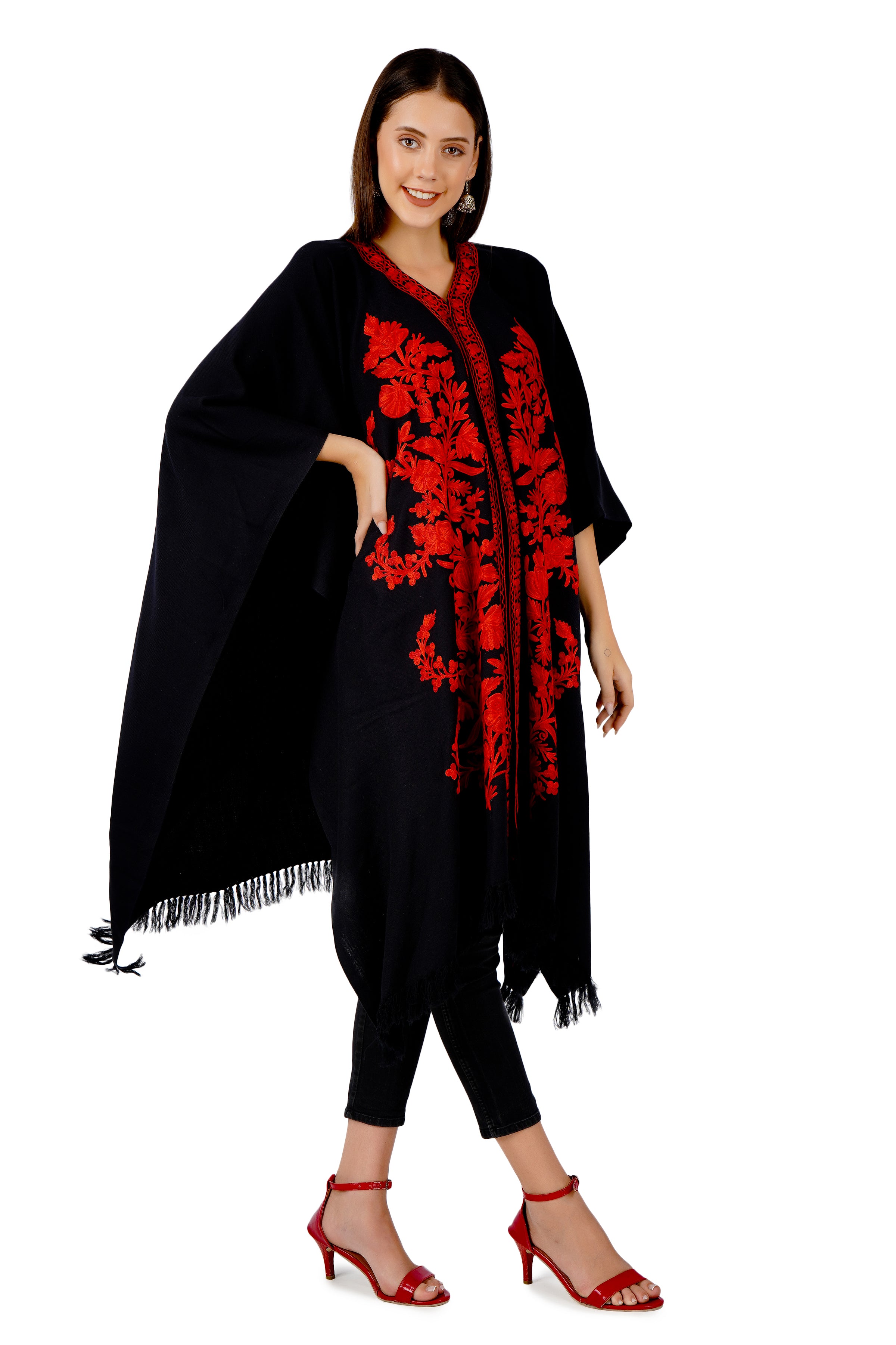 Kashmiri Aari Embroidered Cape Shawl for women, floral embroidered woollen cape shawl, womens poncho, Indian Wrap for women, winter wrap