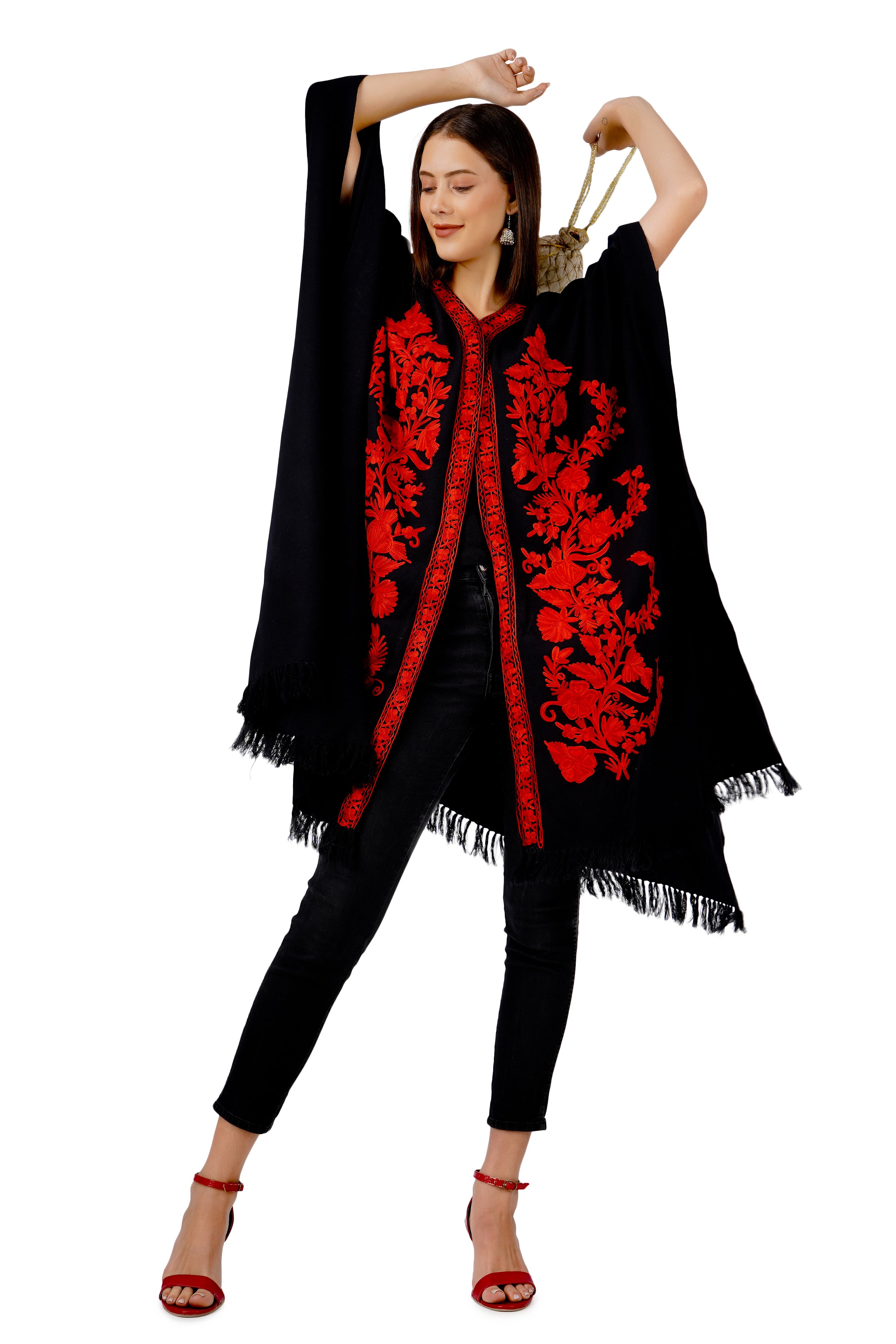 Kashmiri Aari Embroidered Cape Shawl for women, floral embroidered woollen cape shawl, womens poncho, Indian Wrap for women, winter wrap