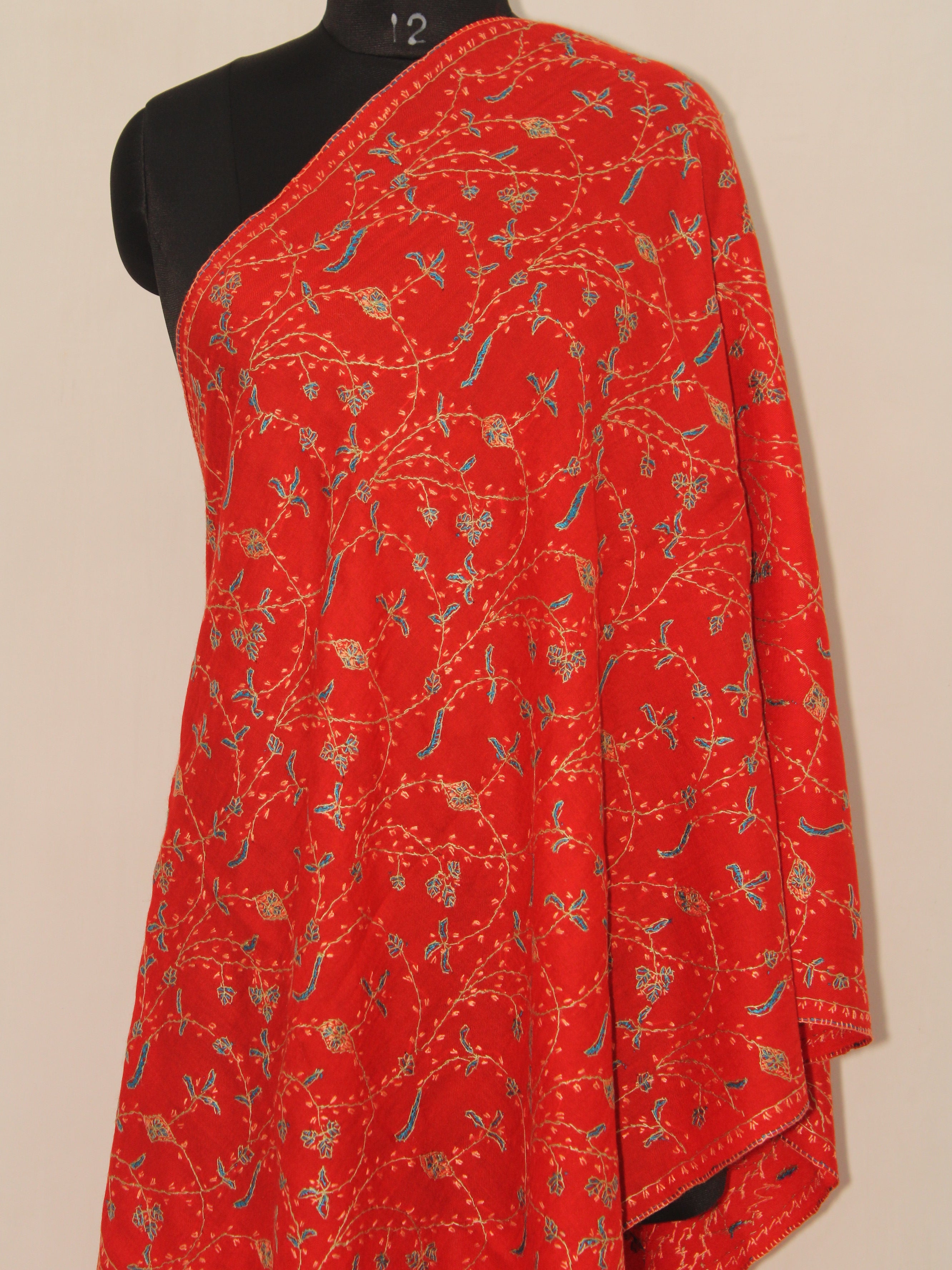 Woolen sozni Embroidered Kashmiri Stole, Handmade Stole, Fine Merino Wool Stole, Premium Scarf, Embroidered Wraps, Red Scarf BATIN