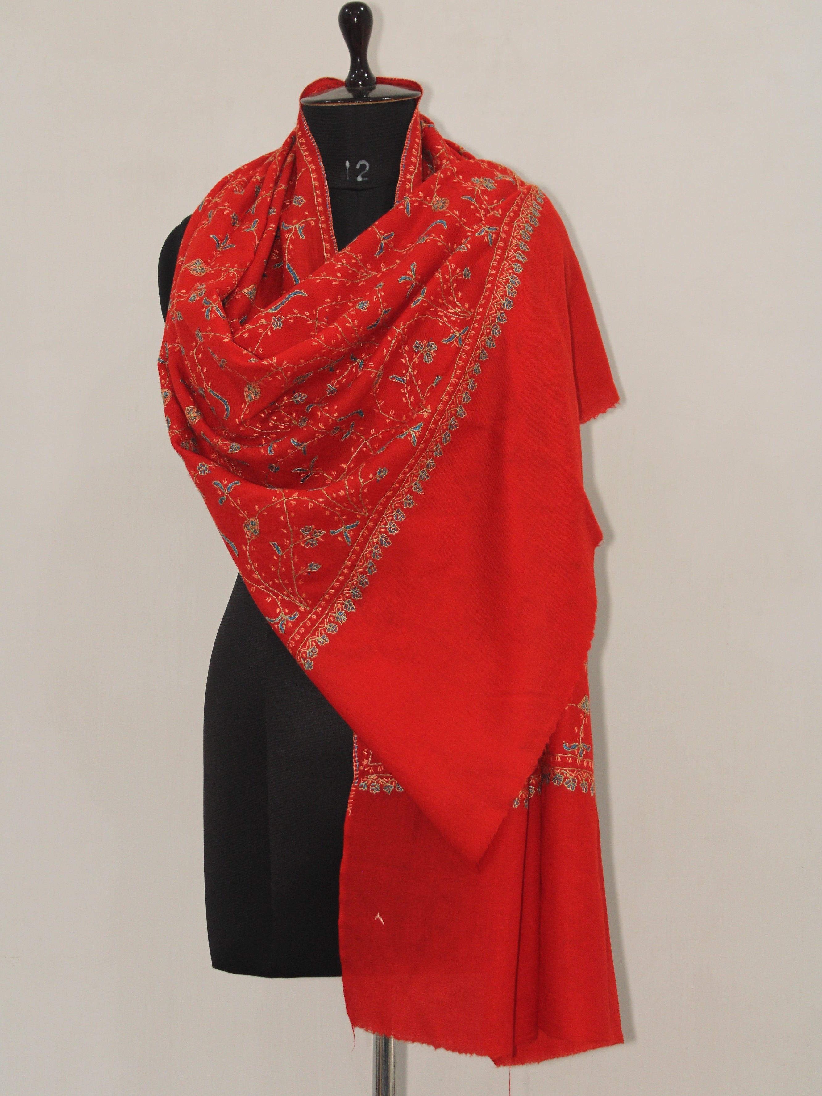 Woolen sozni Embroidered Kashmiri Stole, Handmade Stole, Fine Merino Wool Stole, Premium Scarf, Embroidered Wraps, Red Scarf BATIN