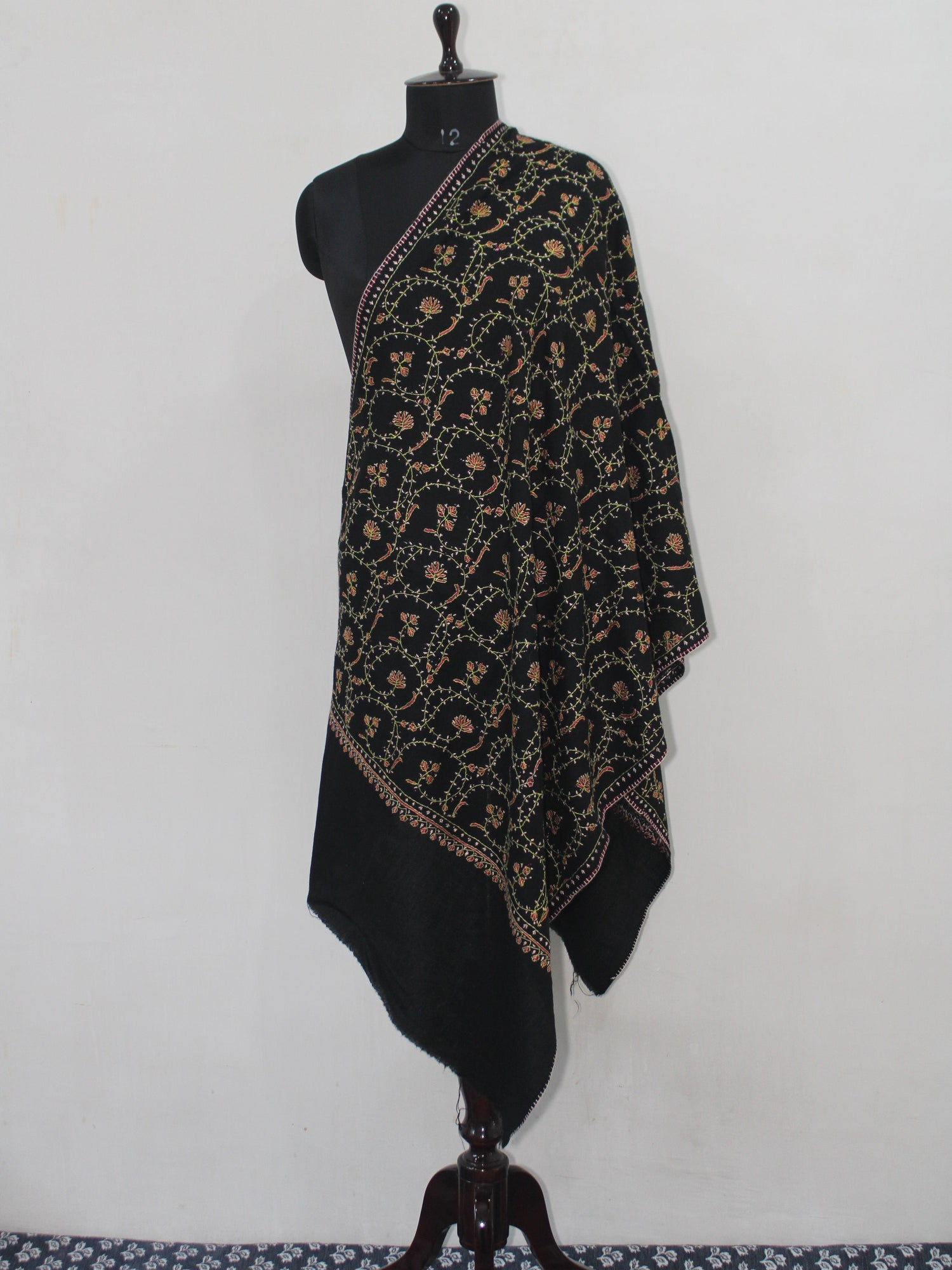 Woolen sozni Embroidered Kashmiri Stole, Handmade Stole, Fine Merino Wool Stole, Premium Scarf, Embroidered Wraps, Black Scarf - BATIN
