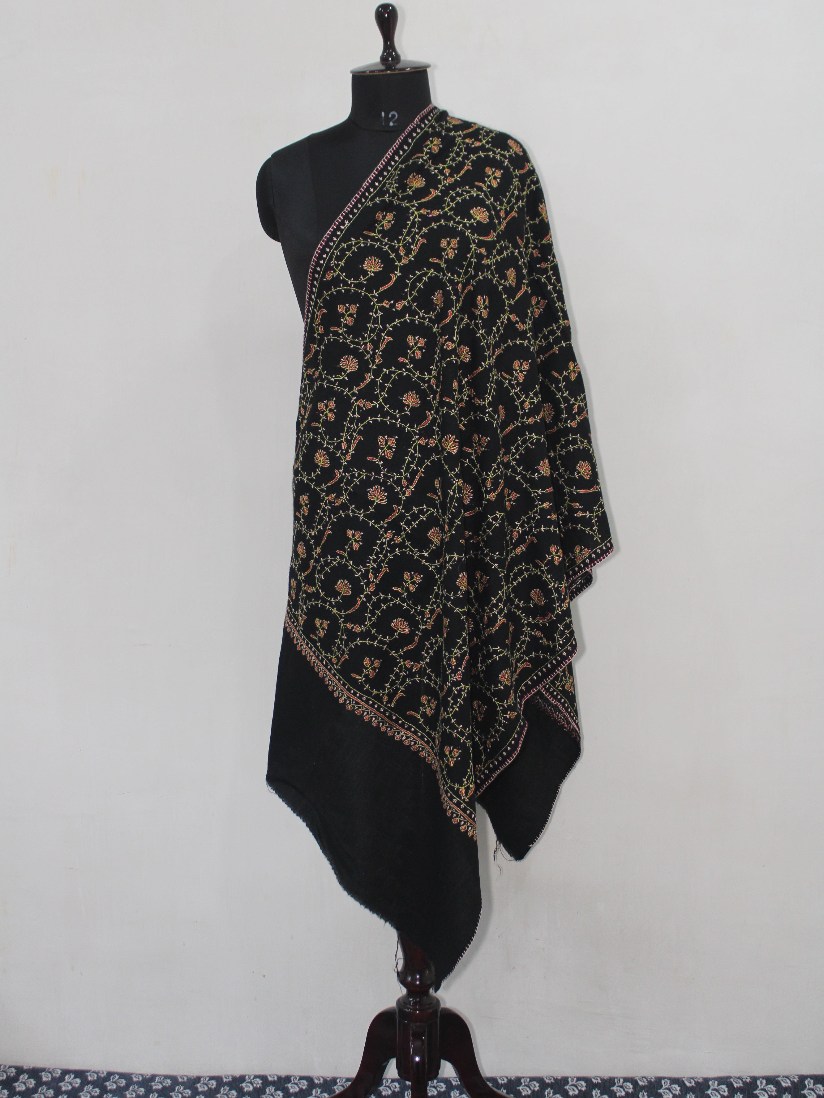 Woolen sozni Embroidered Kashmiri Stole, Handmade Stole, Fine Merino Wool Stole, Premium Scarf, Embroidered Wraps, Black Scarf BATIN