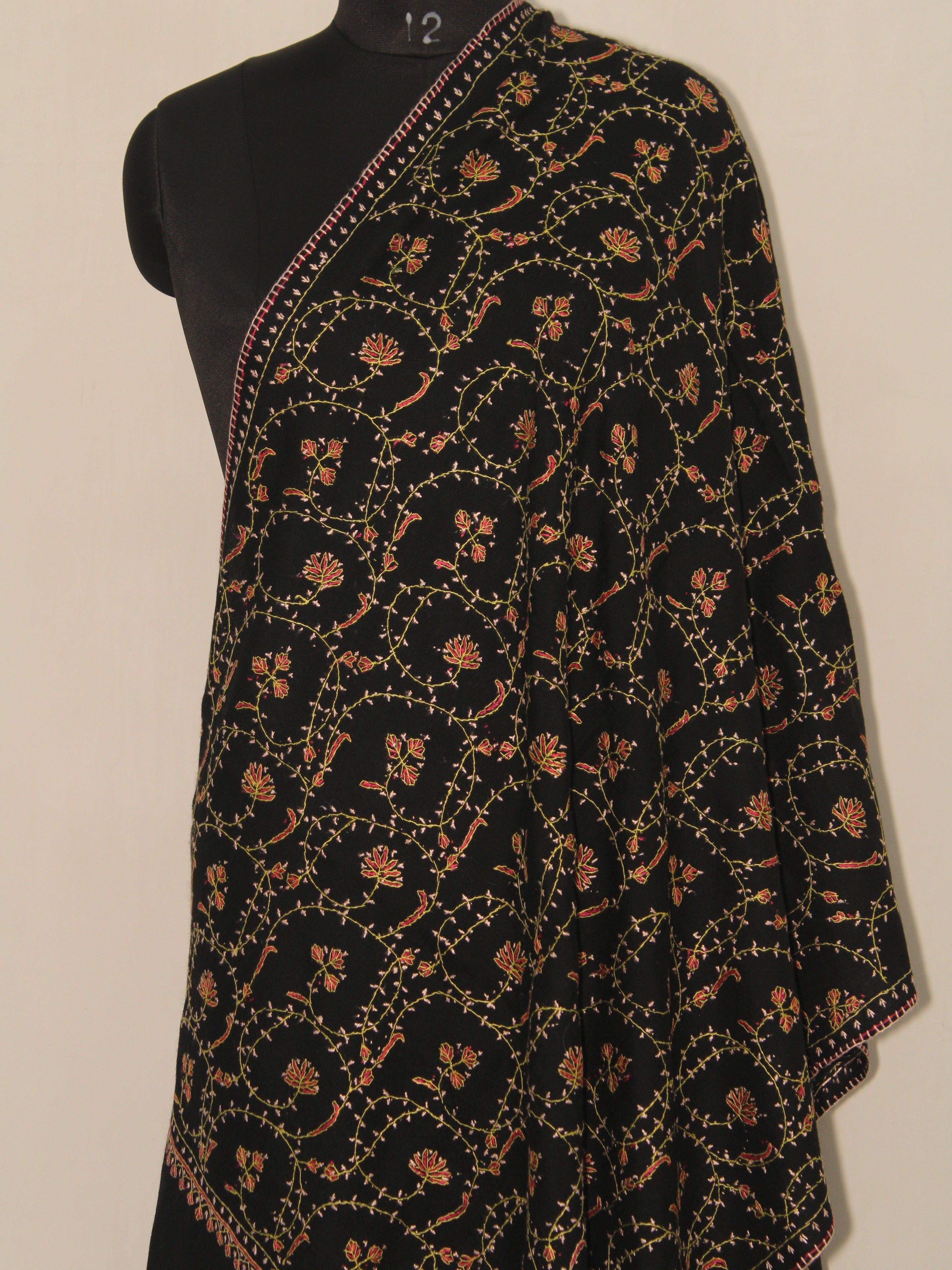 Woolen sozni Embroidered Kashmiri Stole, Handmade Stole, Fine Merino Wool Stole, Premium Scarf, Embroidered Wraps, Black Scarf - BATIN