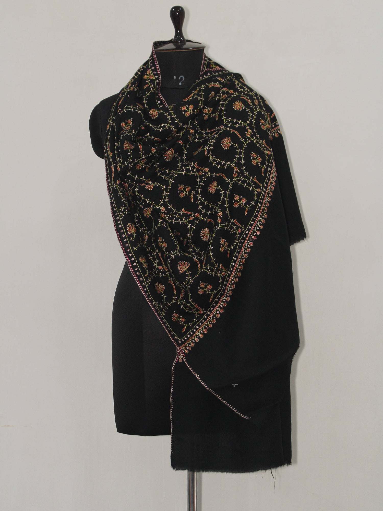 Woolen sozni Embroidered Kashmiri Stole, Handmade Stole, Fine Merino Wool Stole, Premium Scarf, Embroidered Wraps, Black Scarf - BATIN