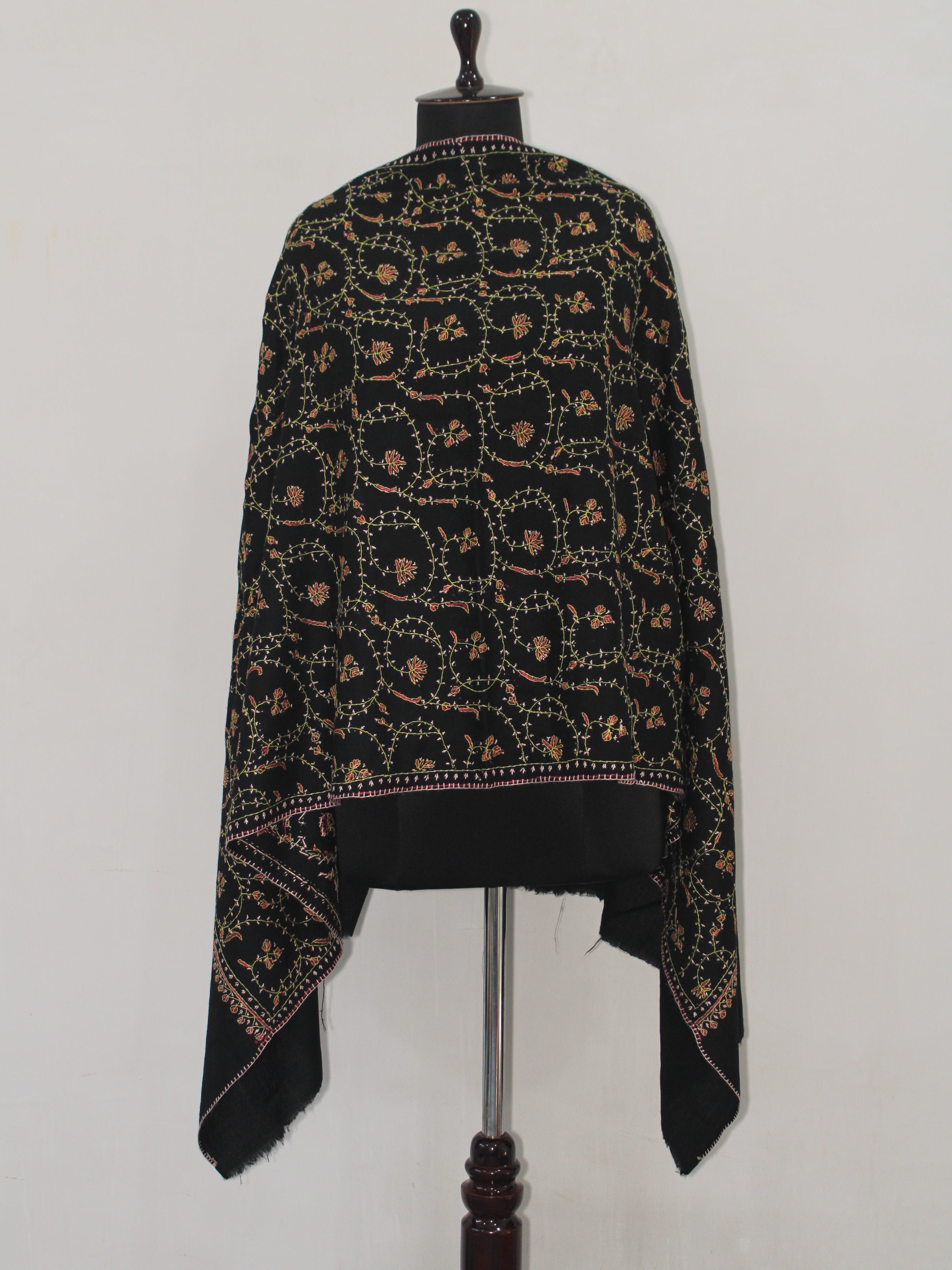 Woolen sozni Embroidered Kashmiri Stole, Handmade Stole, Fine Merino Wool Stole, Premium Scarf, Embroidered Wraps, Black Scarf - BATIN