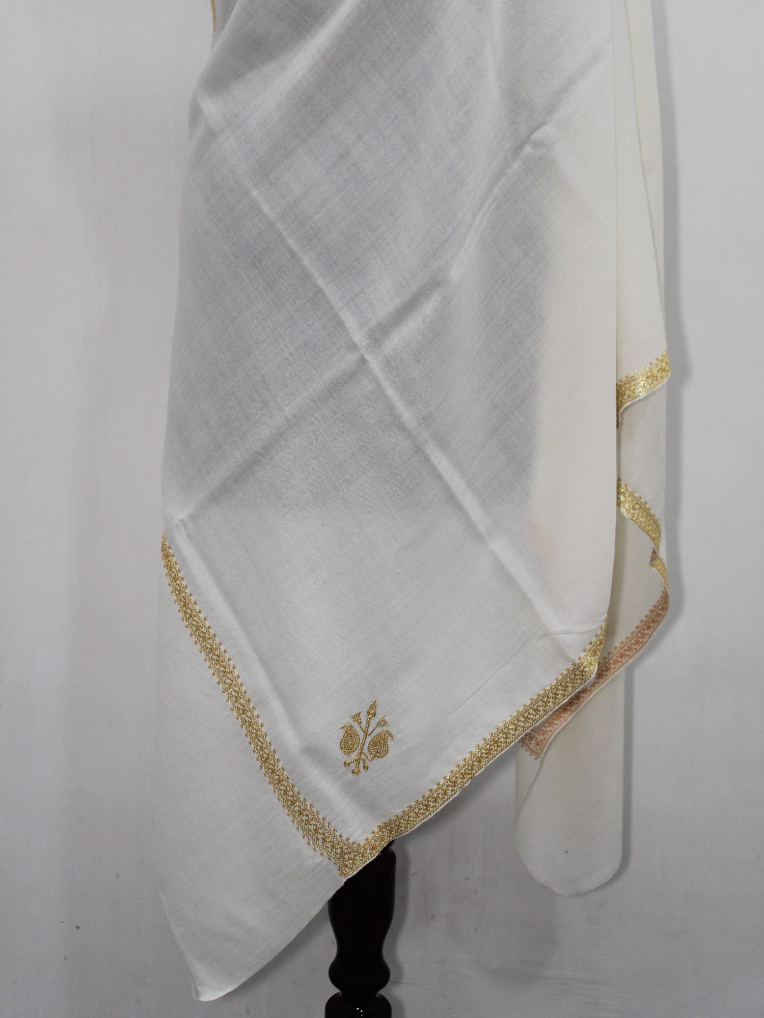 Gold Tilla Hand Embroidered Indian Purewool Stole, Kashmiri Handmade White Scarf - BATIN