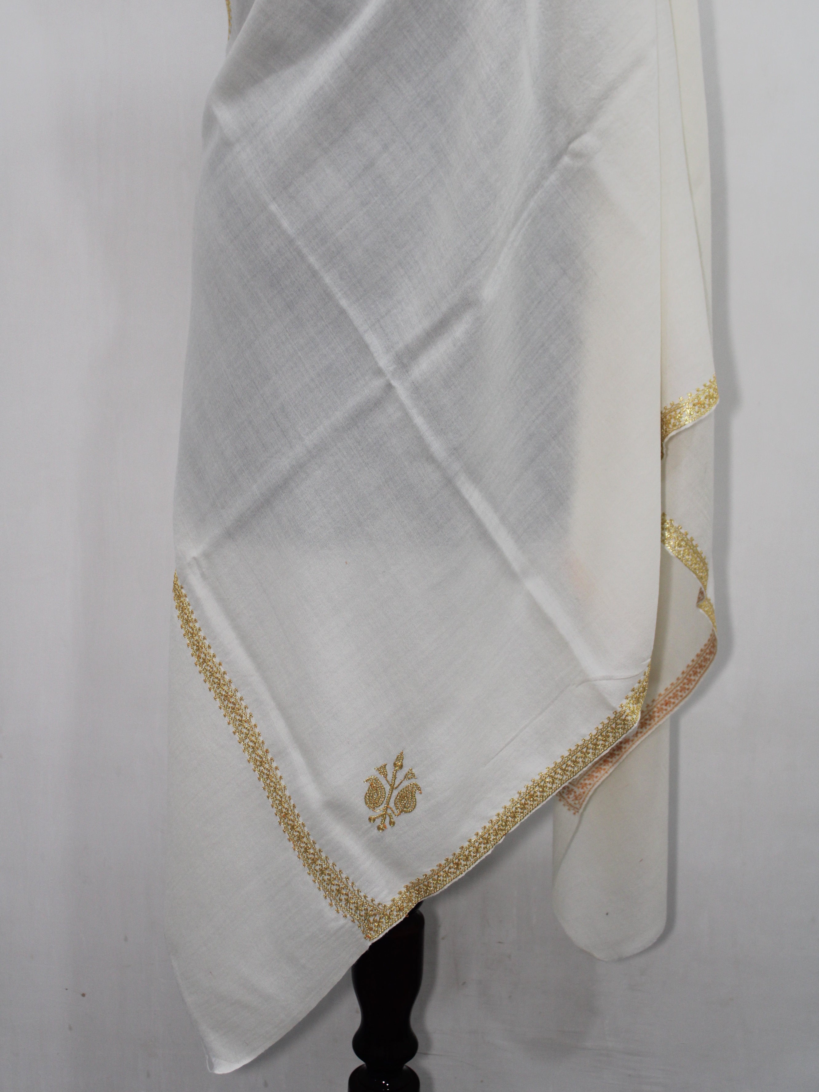 Gold Tilla Hand Embroidered Indian Purewool Stole, Kashmiri Handmade White Scarf BATIN
