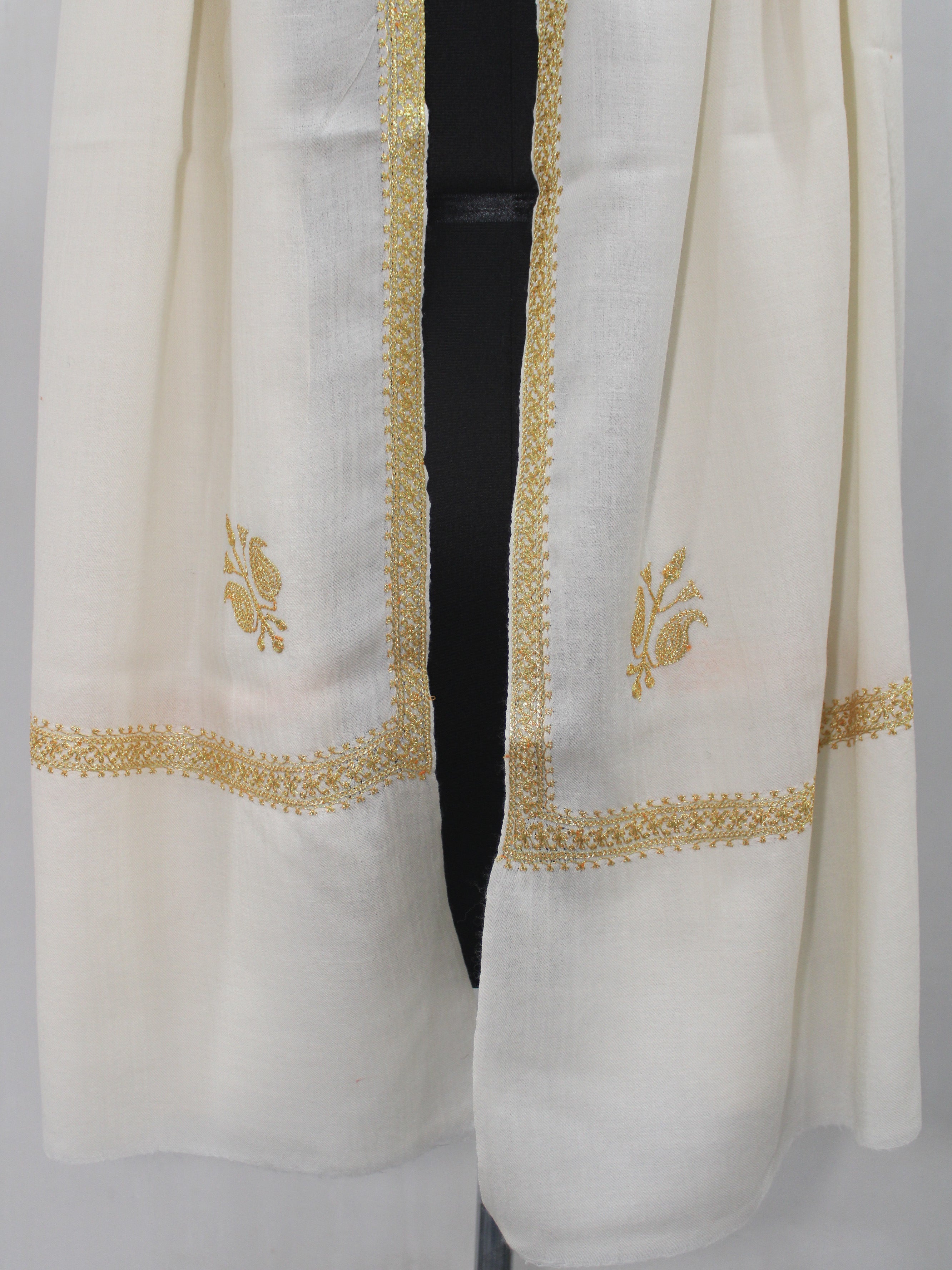 Gold Tilla Hand Embroidered Indian Purewool Stole, Kashmiri Handmade White Scarf - BATIN