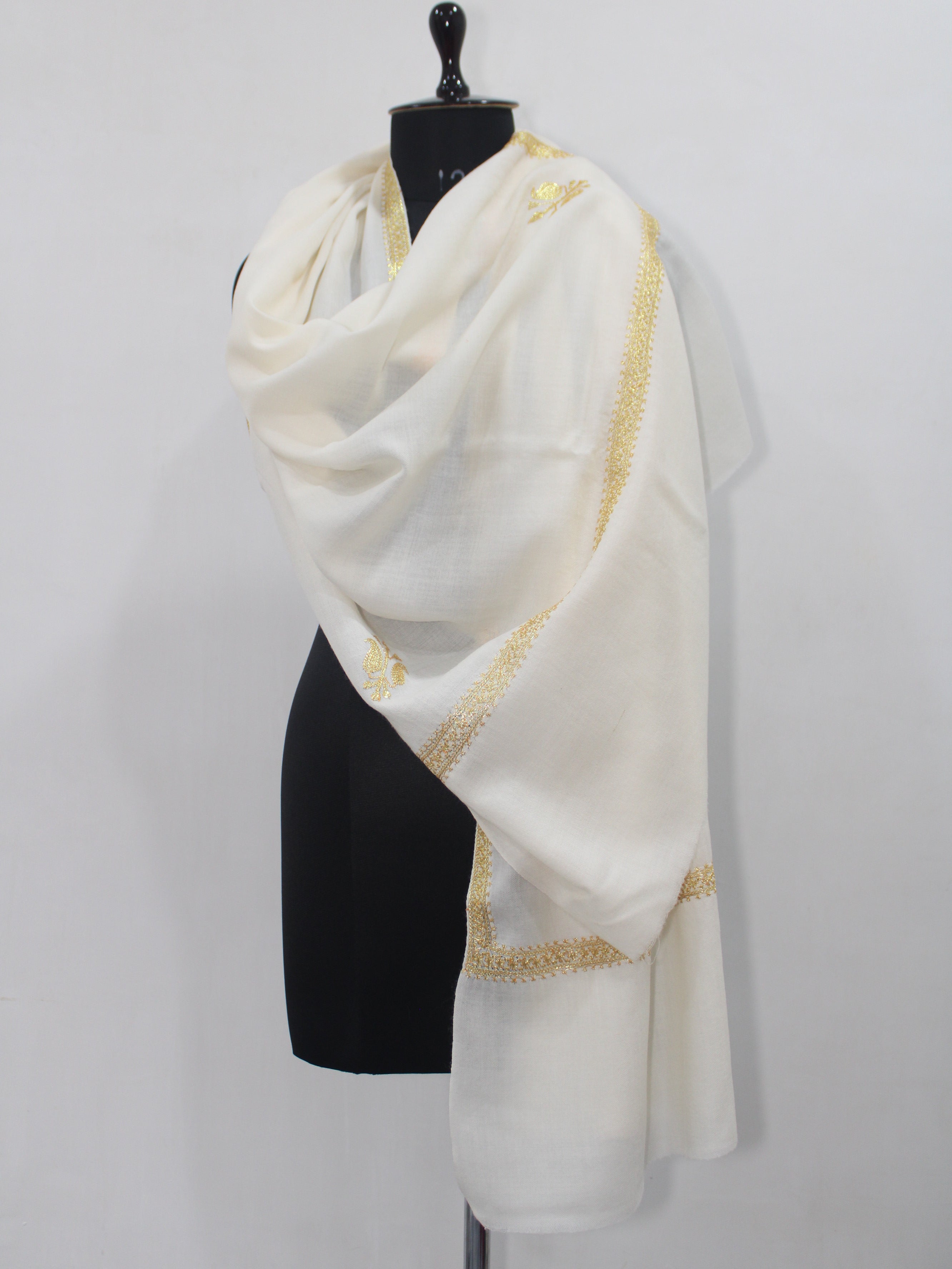 Gold Tilla Hand Embroidered Indian Purewool Stole, Kashmiri Handmade White Scarf BATIN