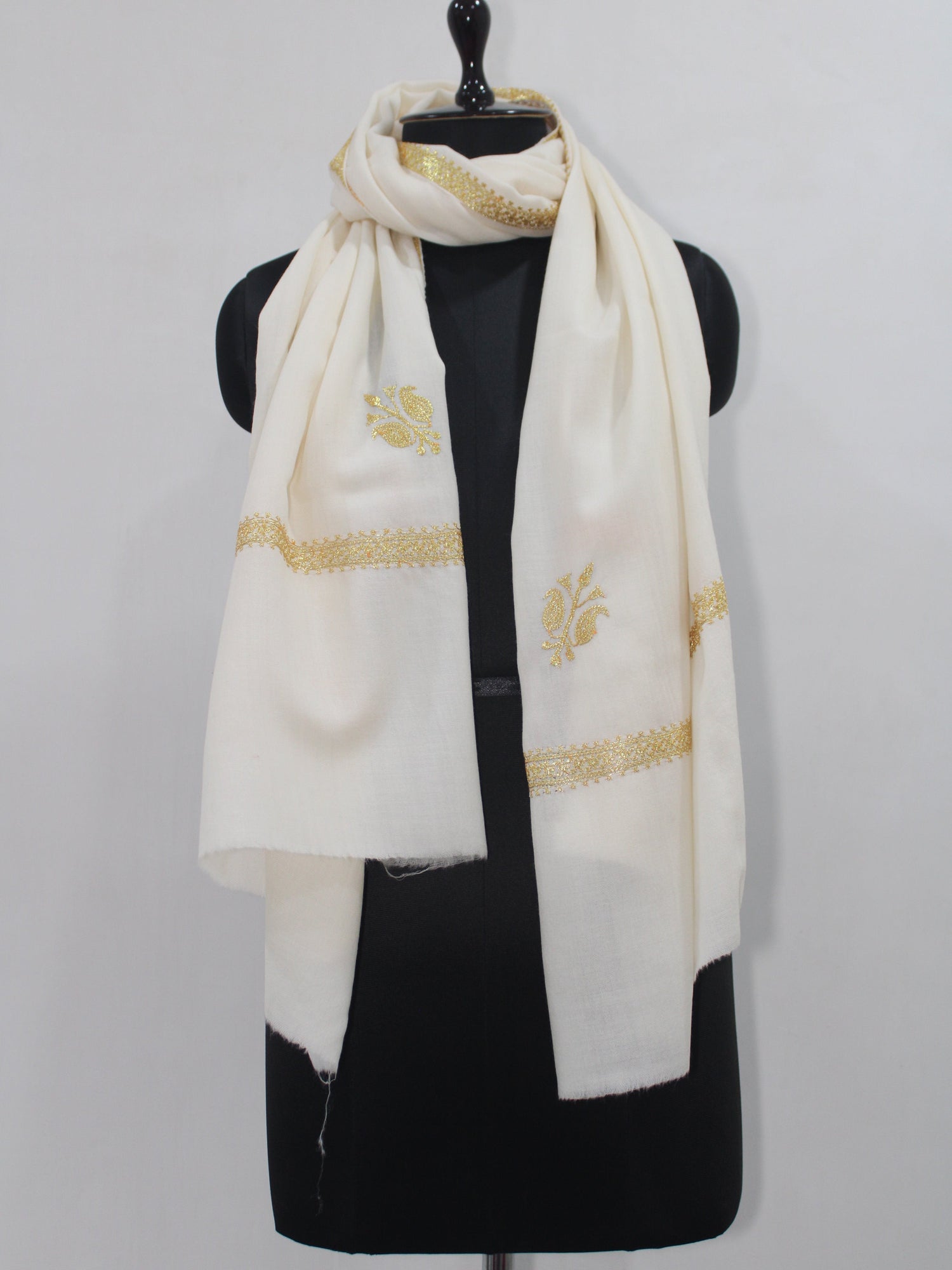 Gold Tilla Hand Embroidered Indian Purewool Stole, Kashmiri Handmade White Scarf - BATIN