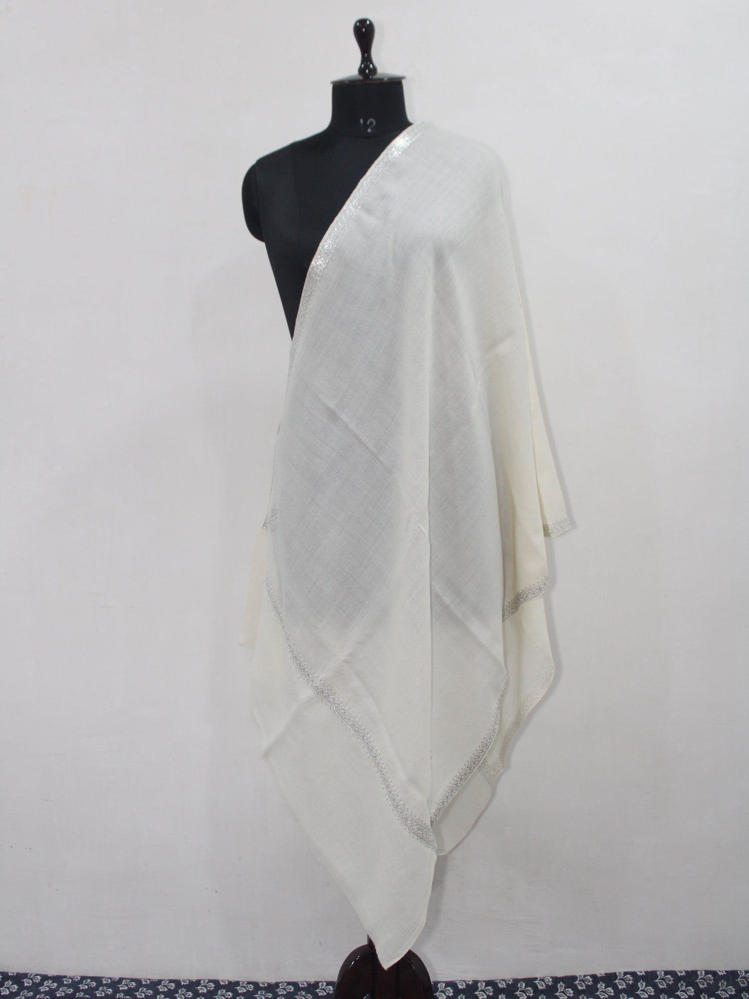 Silver Tilla Hand Embroidered Indian Purewool Stole, Kashmiri Handmade White Scarf - BATIN