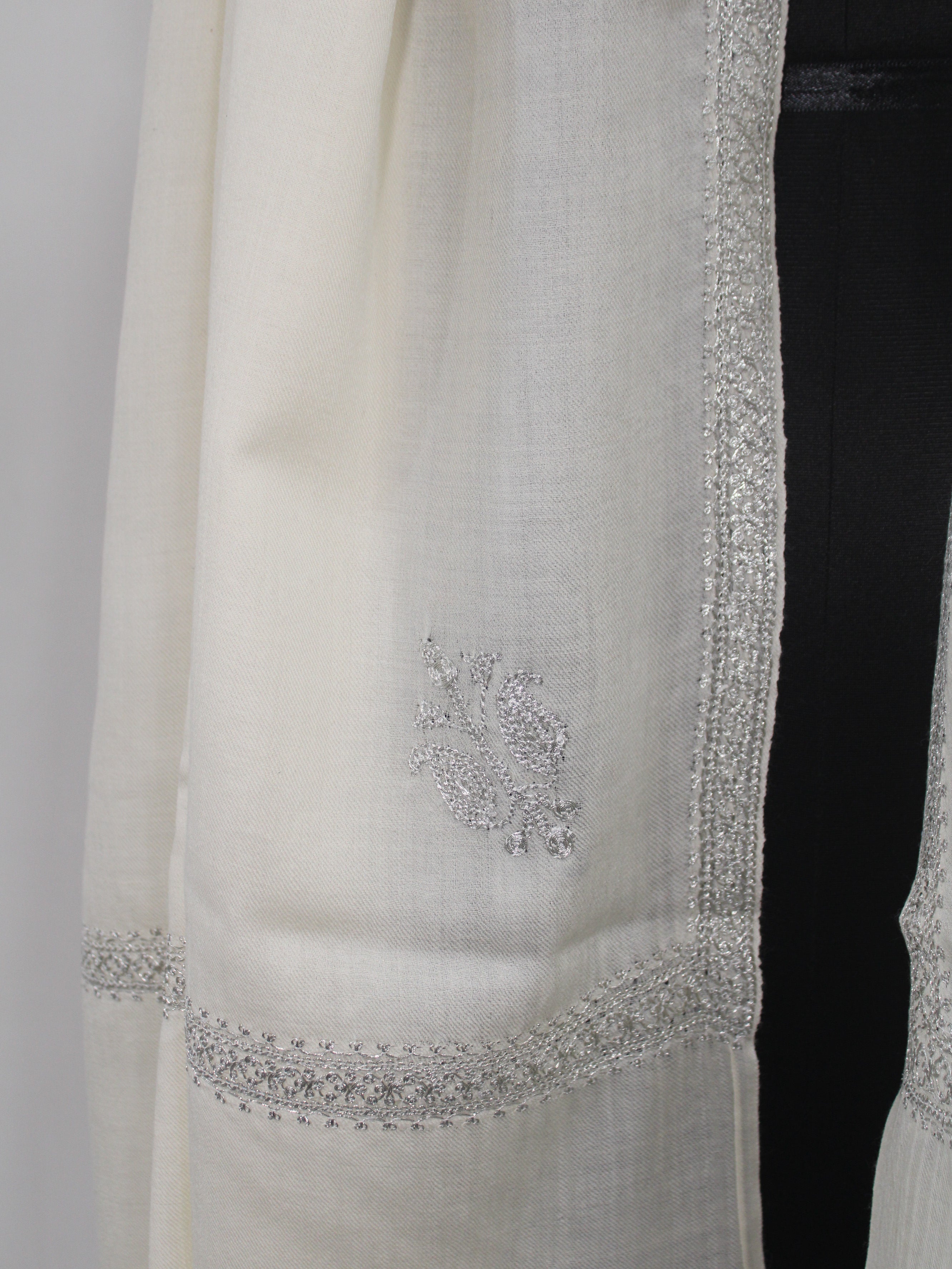Silver Tilla Hand Embroidered Indian Purewool Stole, Kashmiri Handmade White Scarf - BATIN