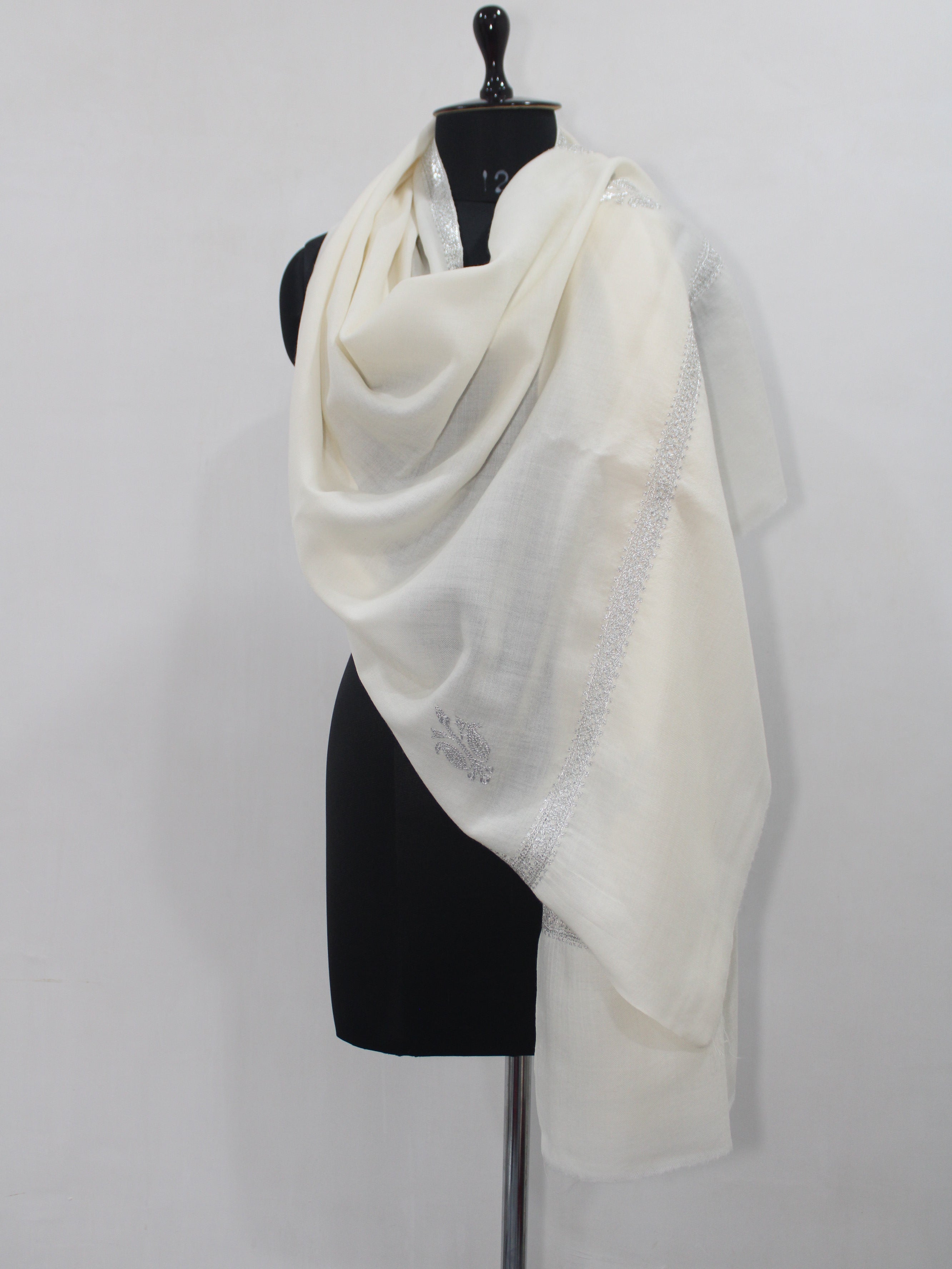 Silver Tilla Hand Embroidered Indian Purewool Stole, Kashmiri Handmade White Scarf BATIN