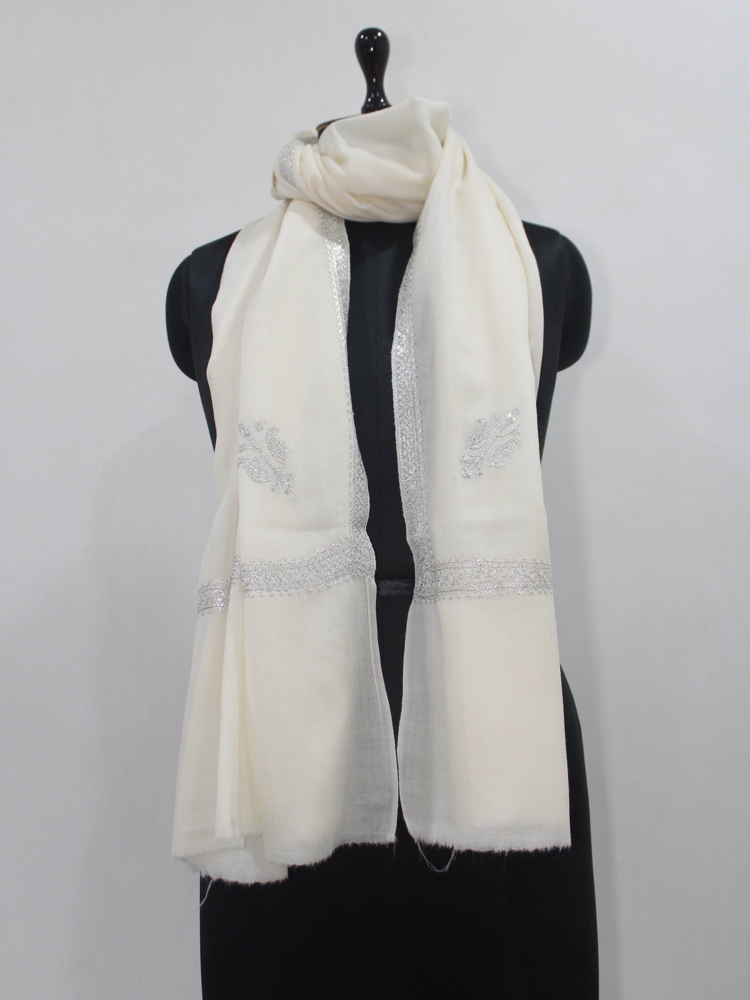 Silver Tilla Hand Embroidered Indian Purewool Stole, Kashmiri Handmade White Scarf - BATIN