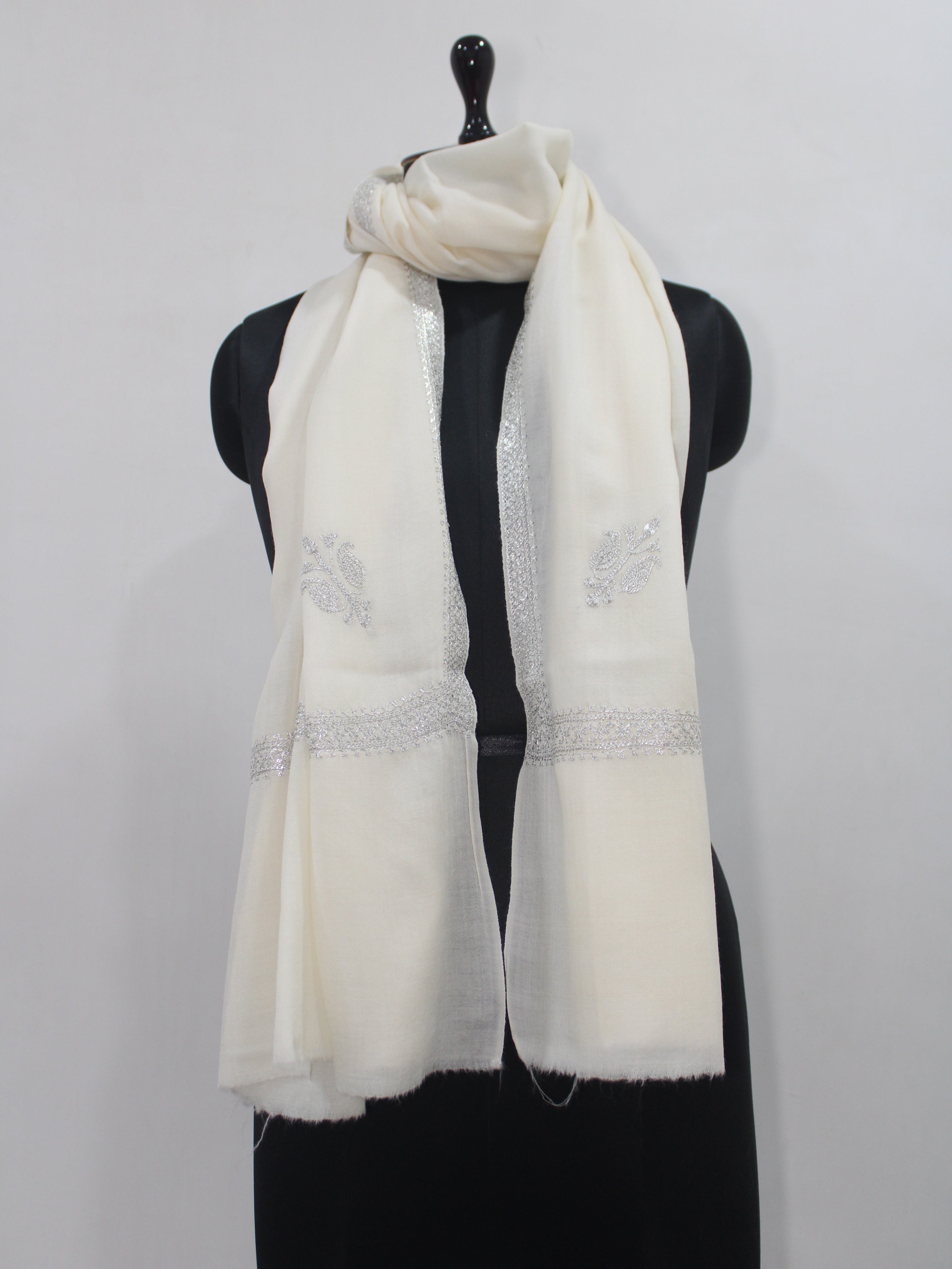 Silver Tilla Hand Embroidered Indian Purewool Stole, Kashmiri Handmade White Scarf BATIN