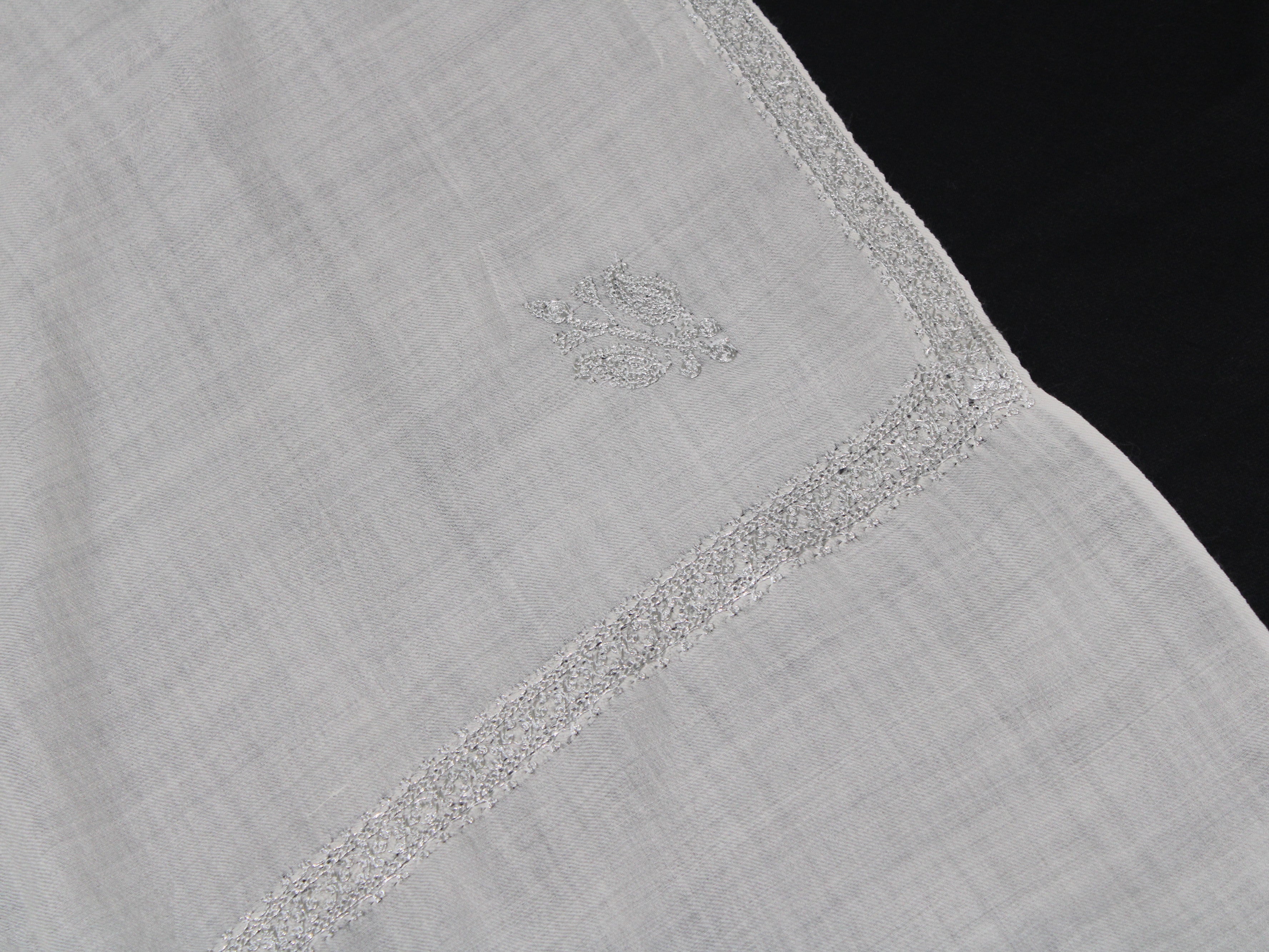 Silver Tilla Hand Embroidered Indian Purewool Stole, Kashmiri Handmade White Scarf BATIN