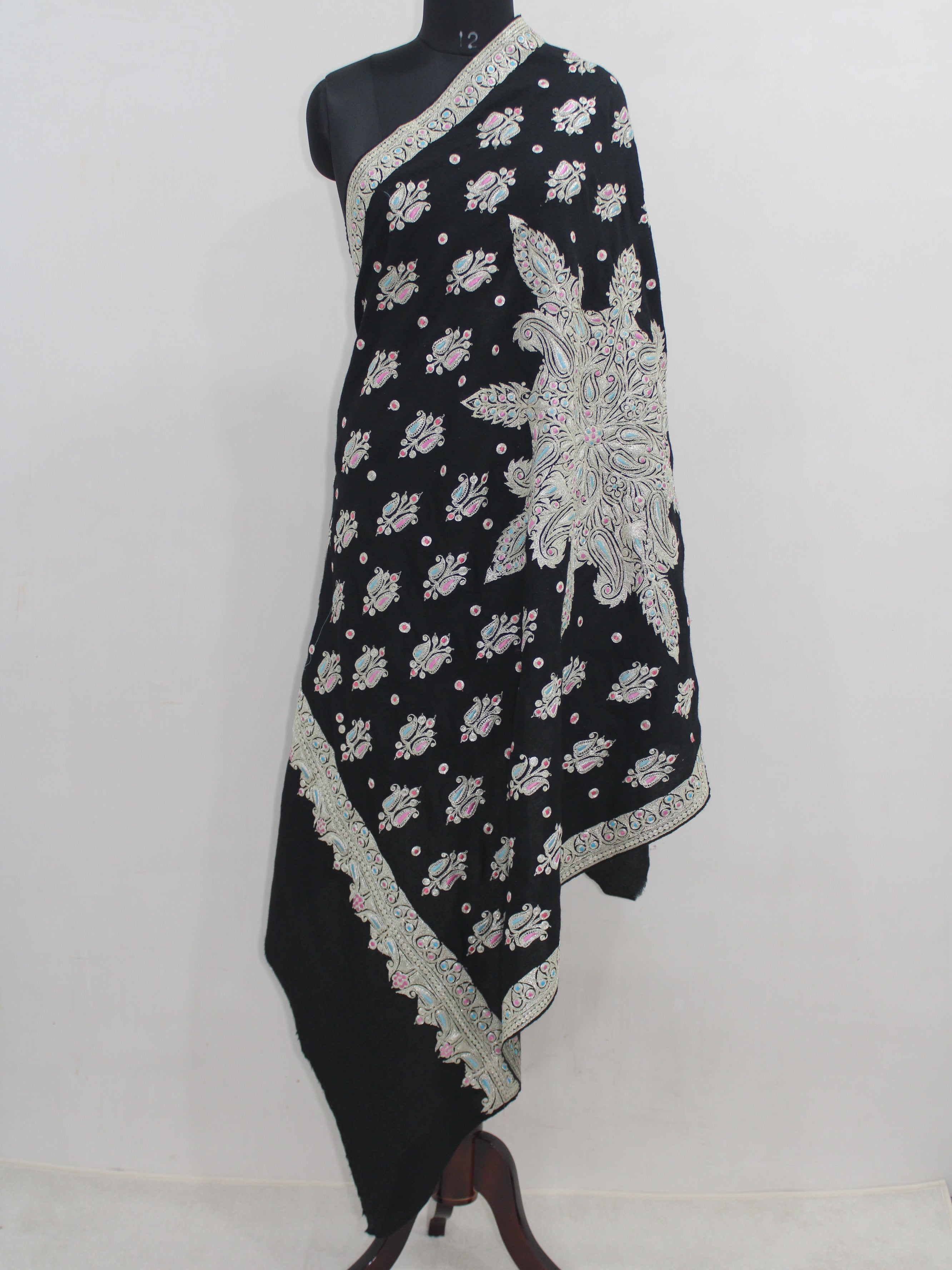 Kashmiri Tilla Embroidered Merino Wool Shawl, Black Shawl For Women BATIN