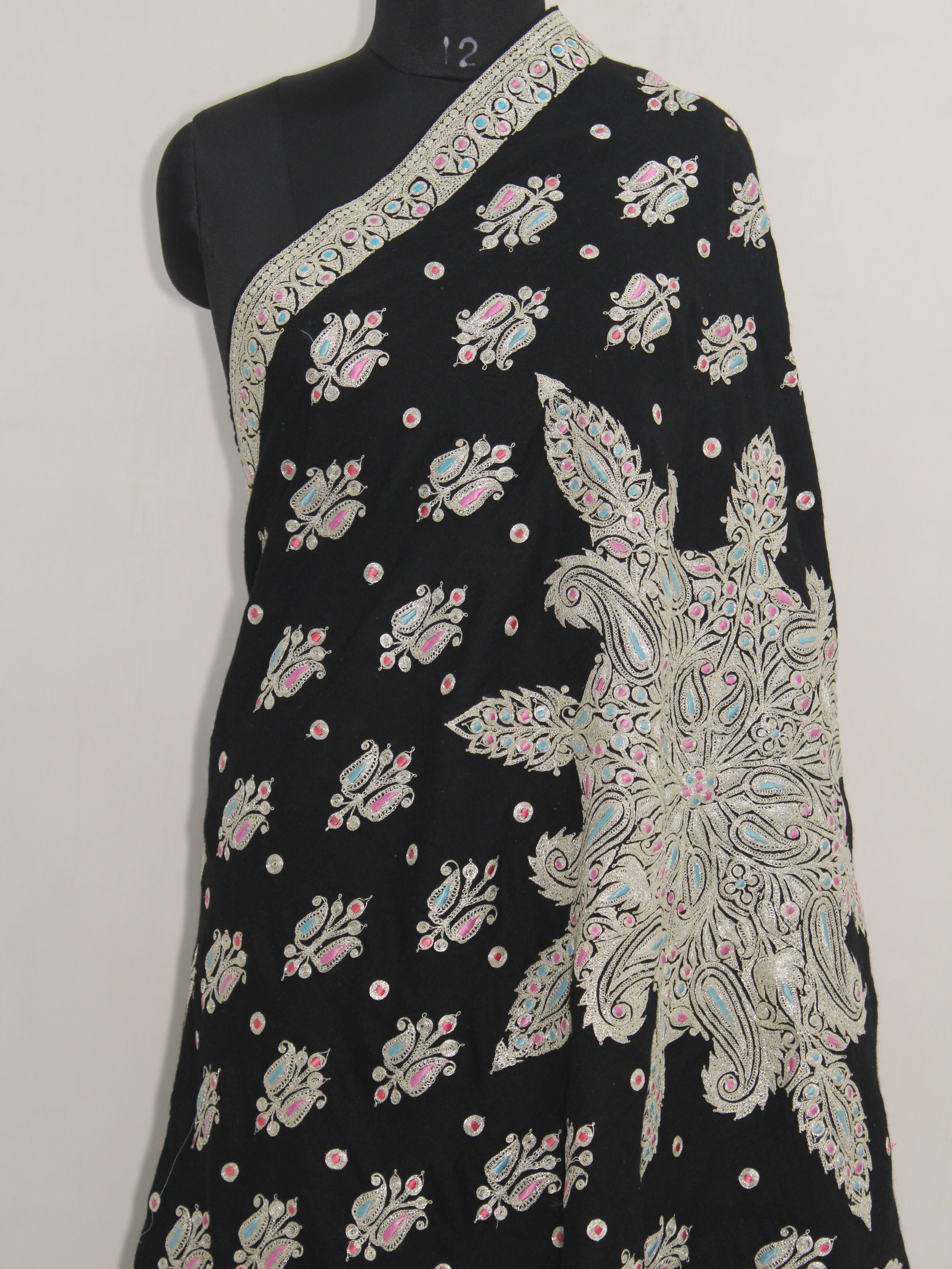 Kashmiri Tilla Embroidered Merino Wool Shawl, Black Shawl For Women BATIN