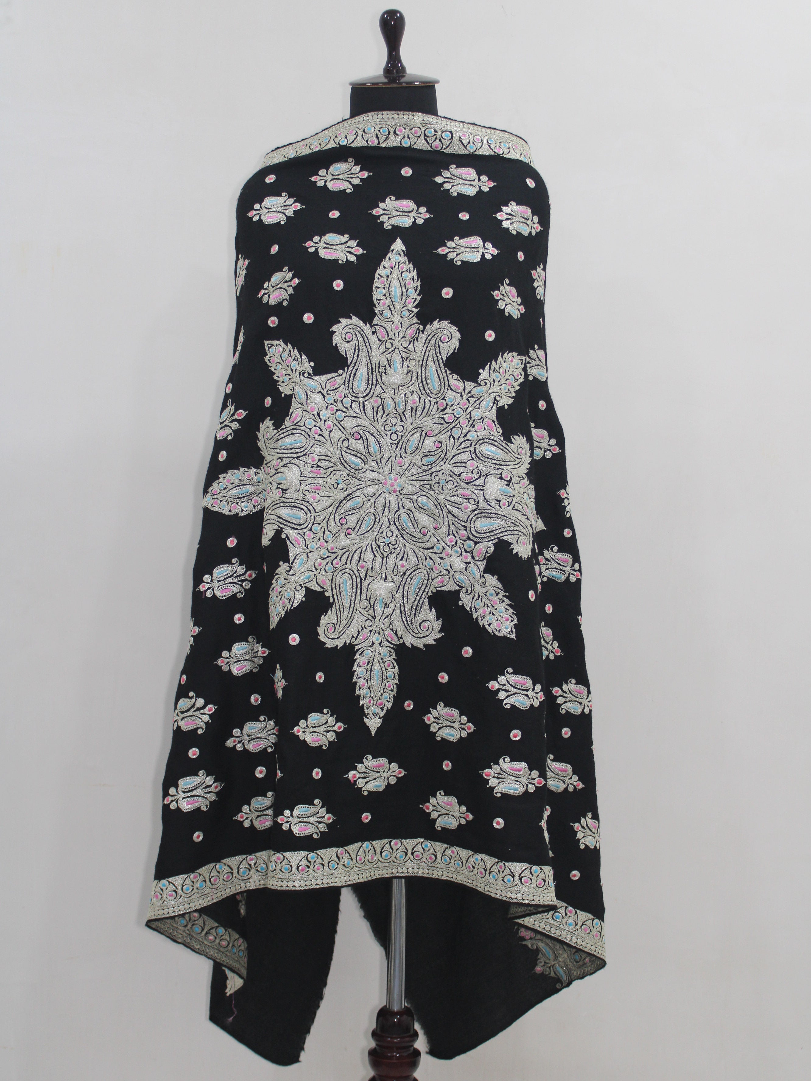 Kashmiri Tilla Embroidered Merino Wool Shawl, Black Shawl For Women BATIN