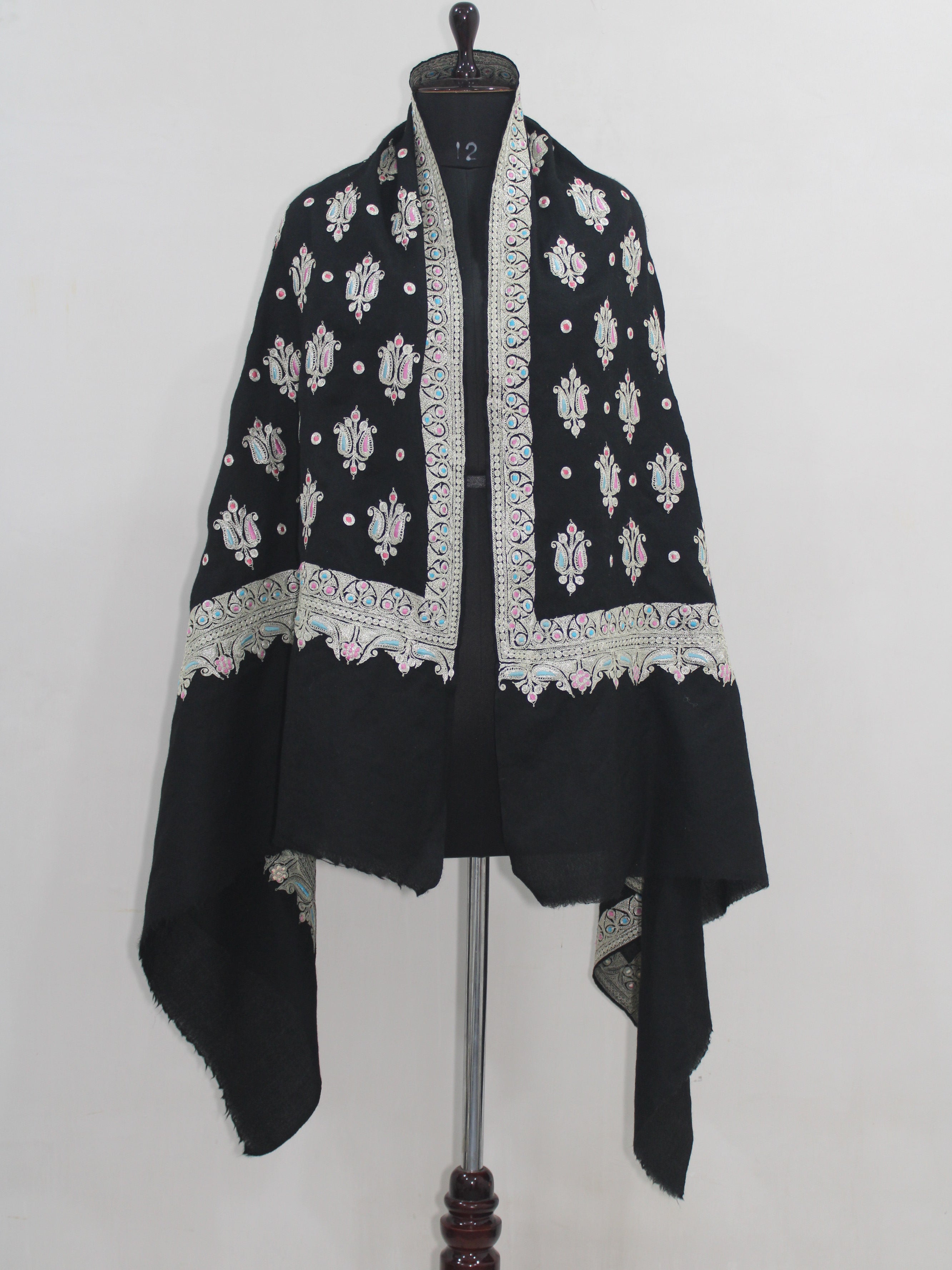 Kashmiri Tilla Embroidered Merino Wool Shawl, Black Shawl For Women BATIN