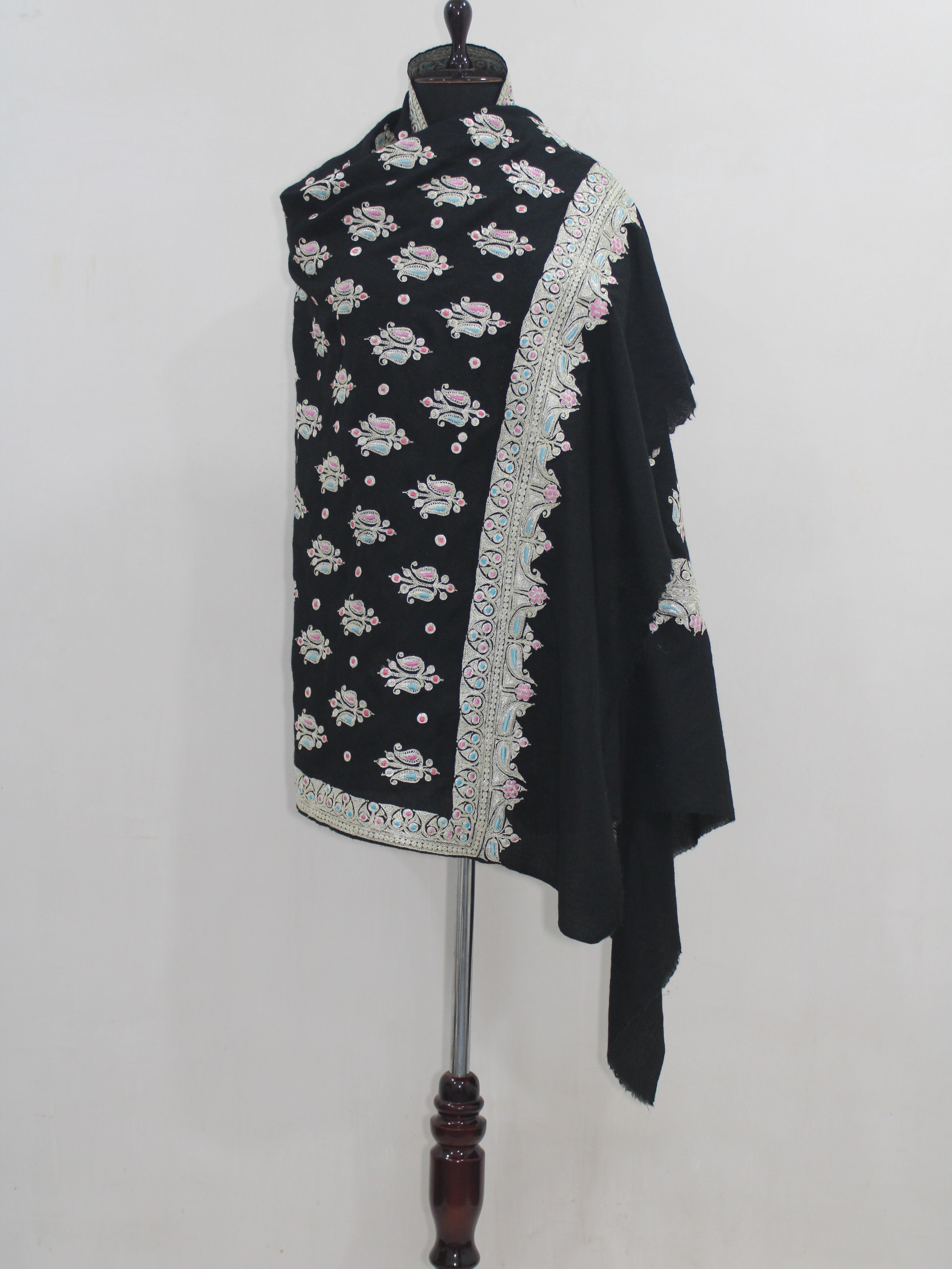 Kashmiri Tilla Embroidered Merino Wool Shawl, Black Shawl For Women BATIN