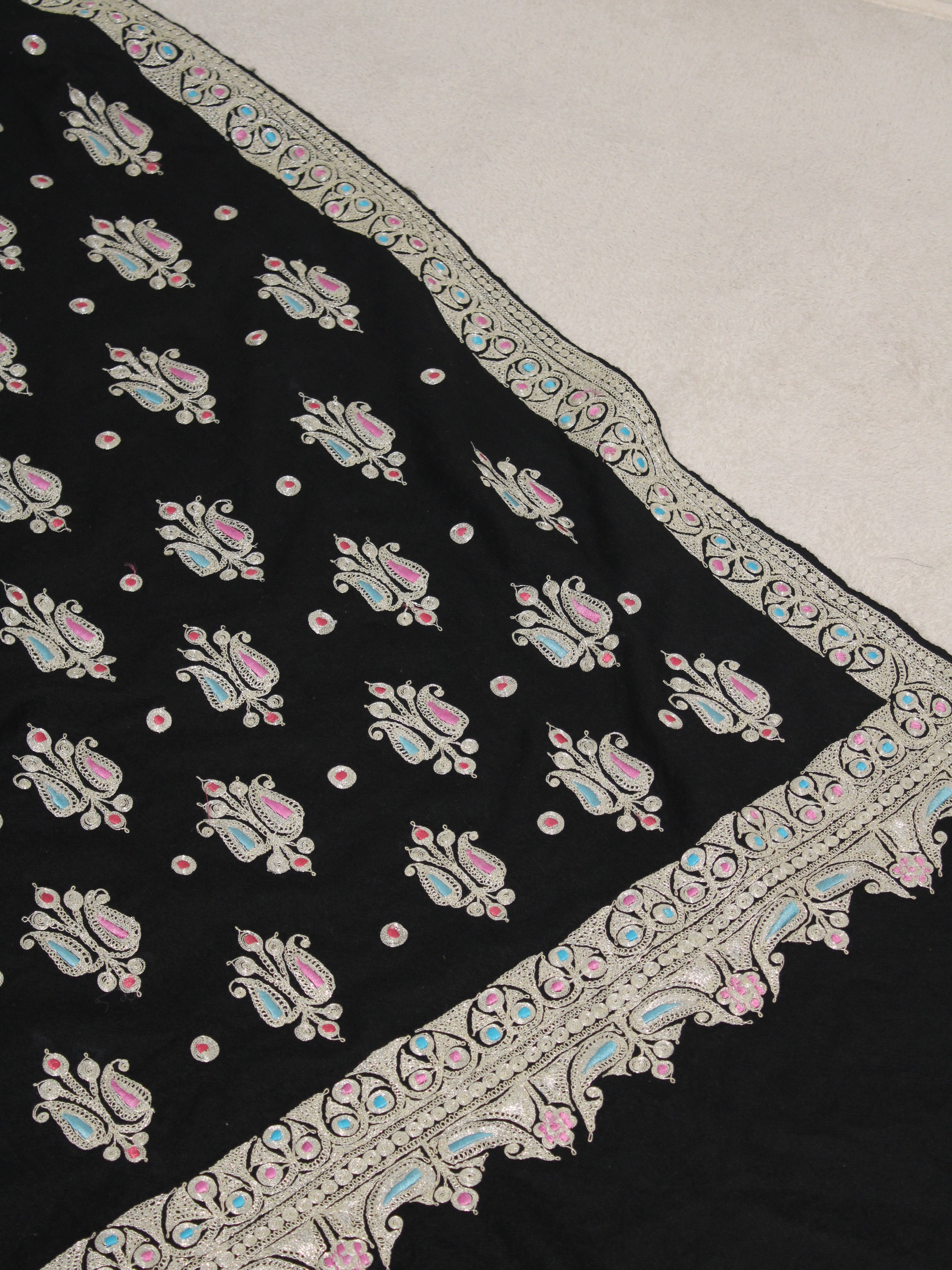 Kashmiri Tilla Embroidered Merino Wool Shawl, Black Shawl For Women BATIN