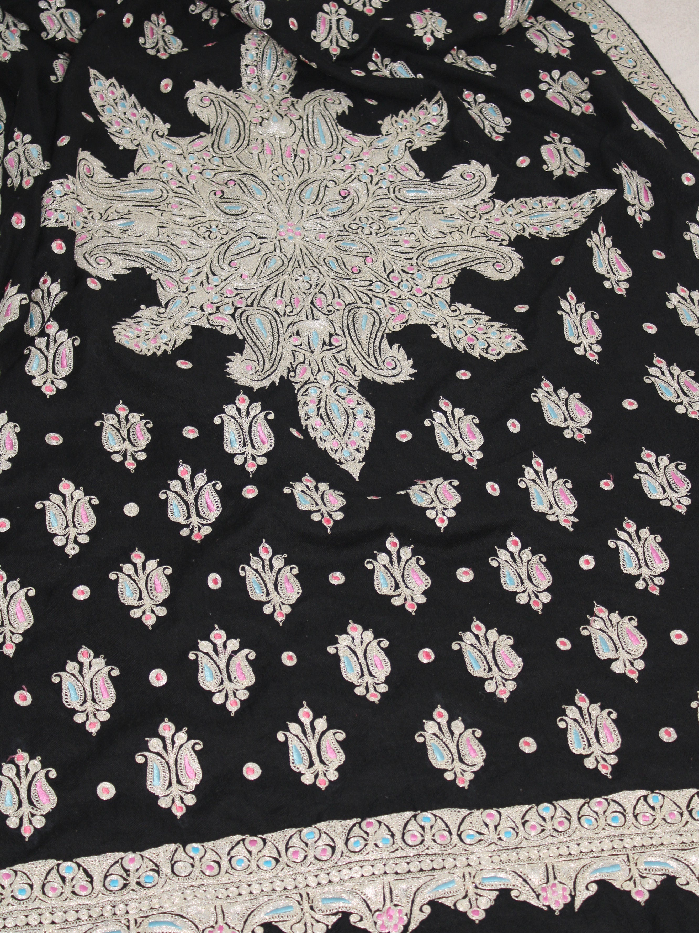 Kashmiri Tilla Embroidered Merino Wool Shawl, Black Shawl For Women BATIN