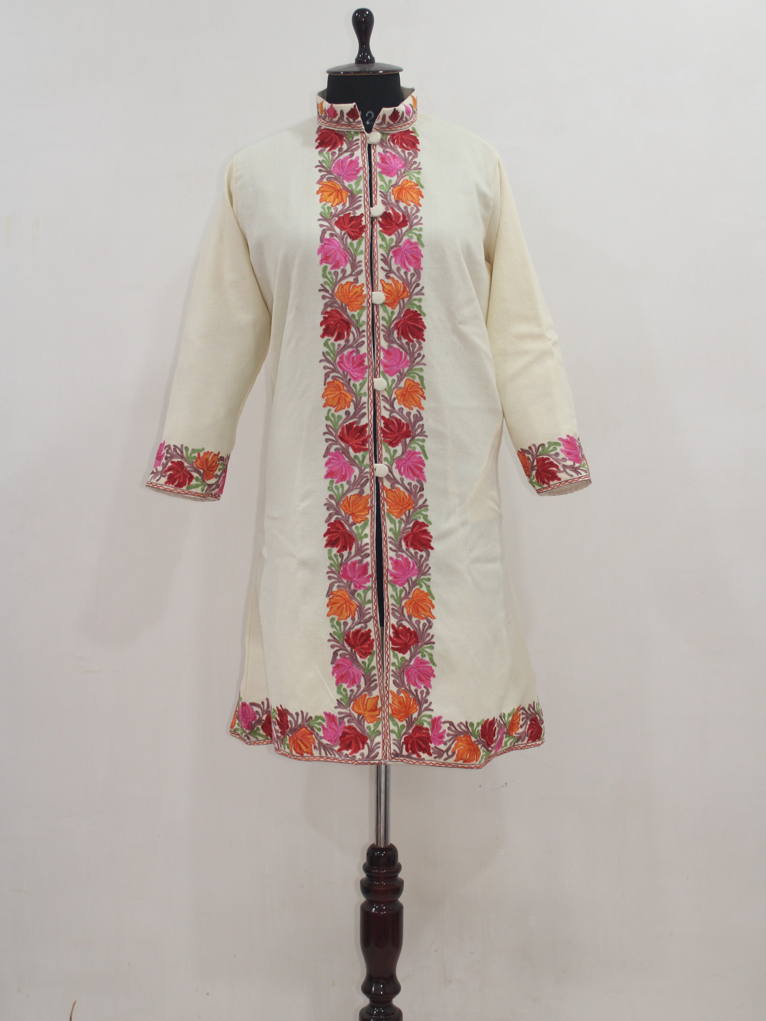 Kashmiri Aari Embroidered Long woollen Jacket, Winter Coat For Women, Floral Indian Jacket Warm Cashmere Jacket