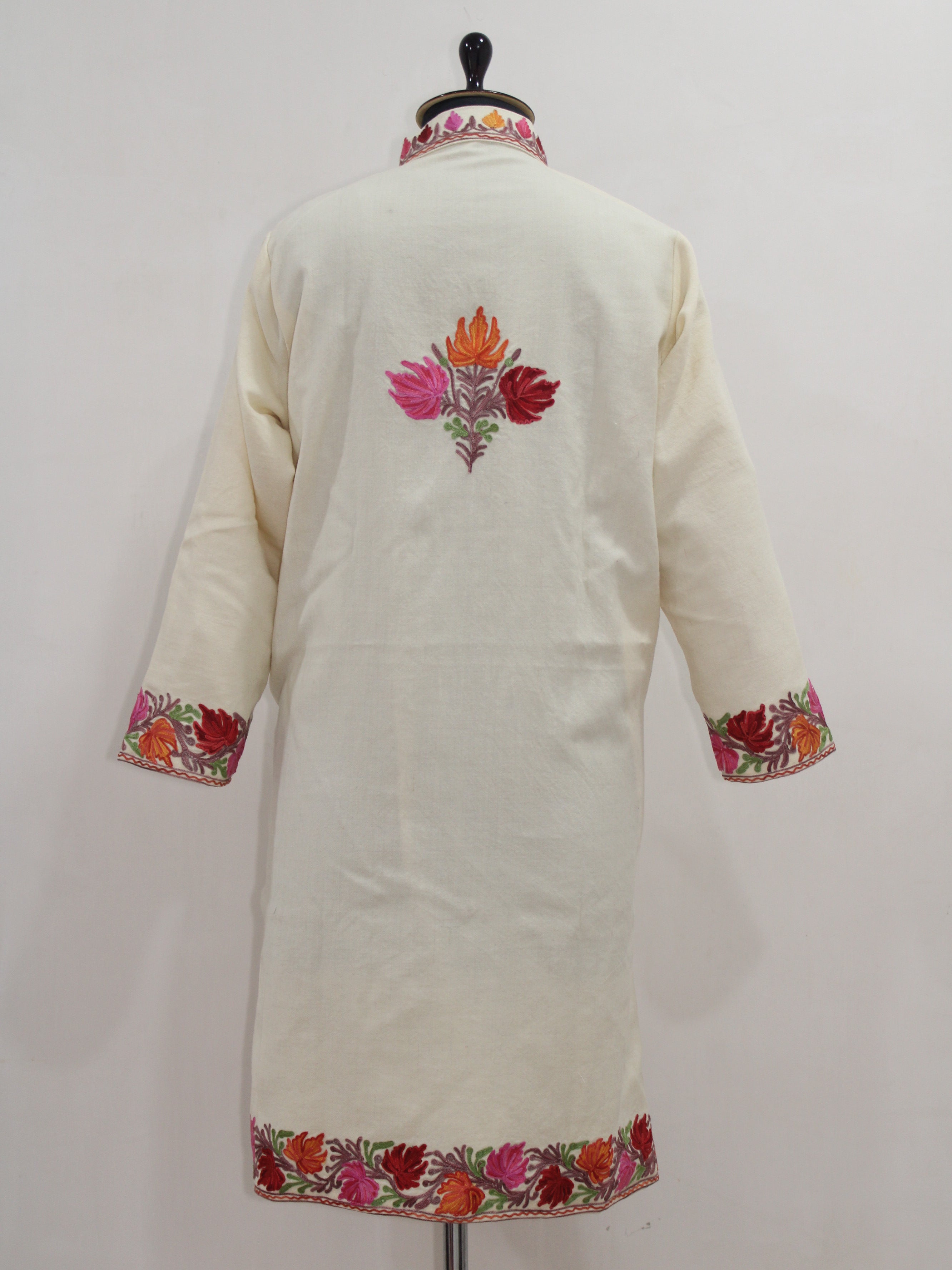 Kashmiri Aari Embroidered Long woollen Jacket, Winter Coat For Women, Floral Indian Jacket Warm Cashmere Jacket