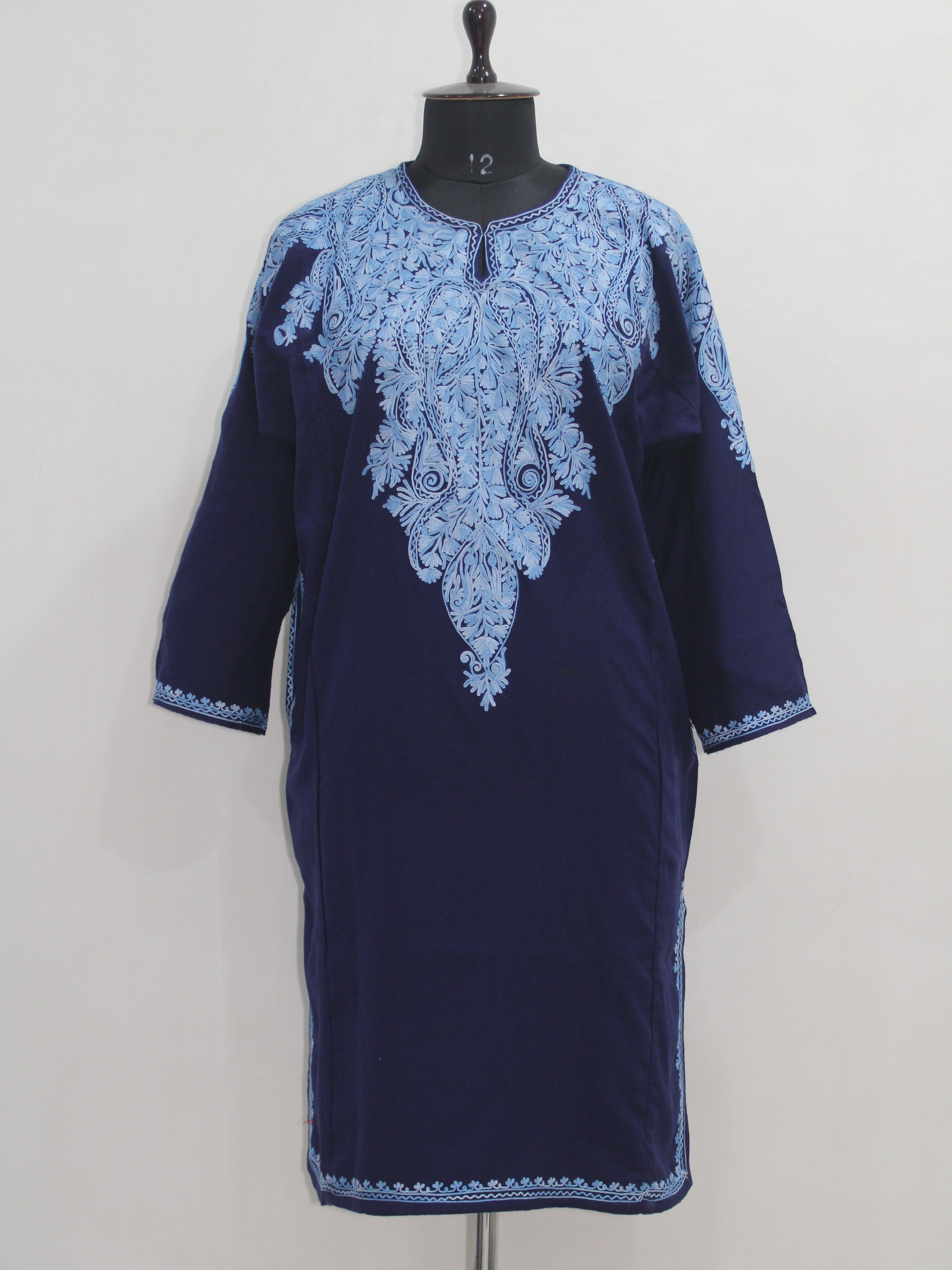 Kashmiri Aari Embroidered Woolen Pheran, Loose Fit Kurta for Women, Paisley Front Back Design