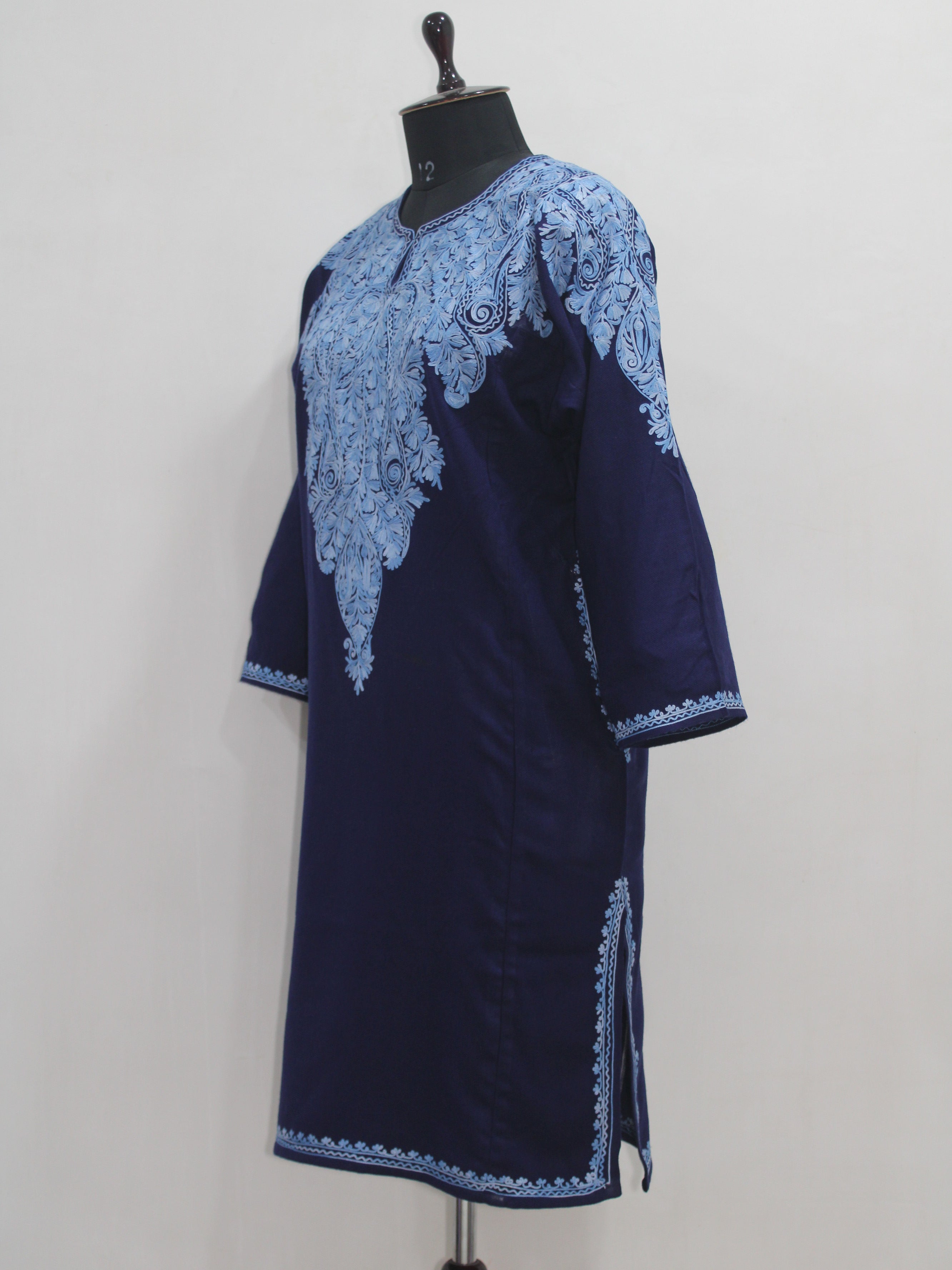 Kashmiri Aari Embroidered Woolen Pheran, Loose Fit Kurta for Women, Paisley Front Back Design