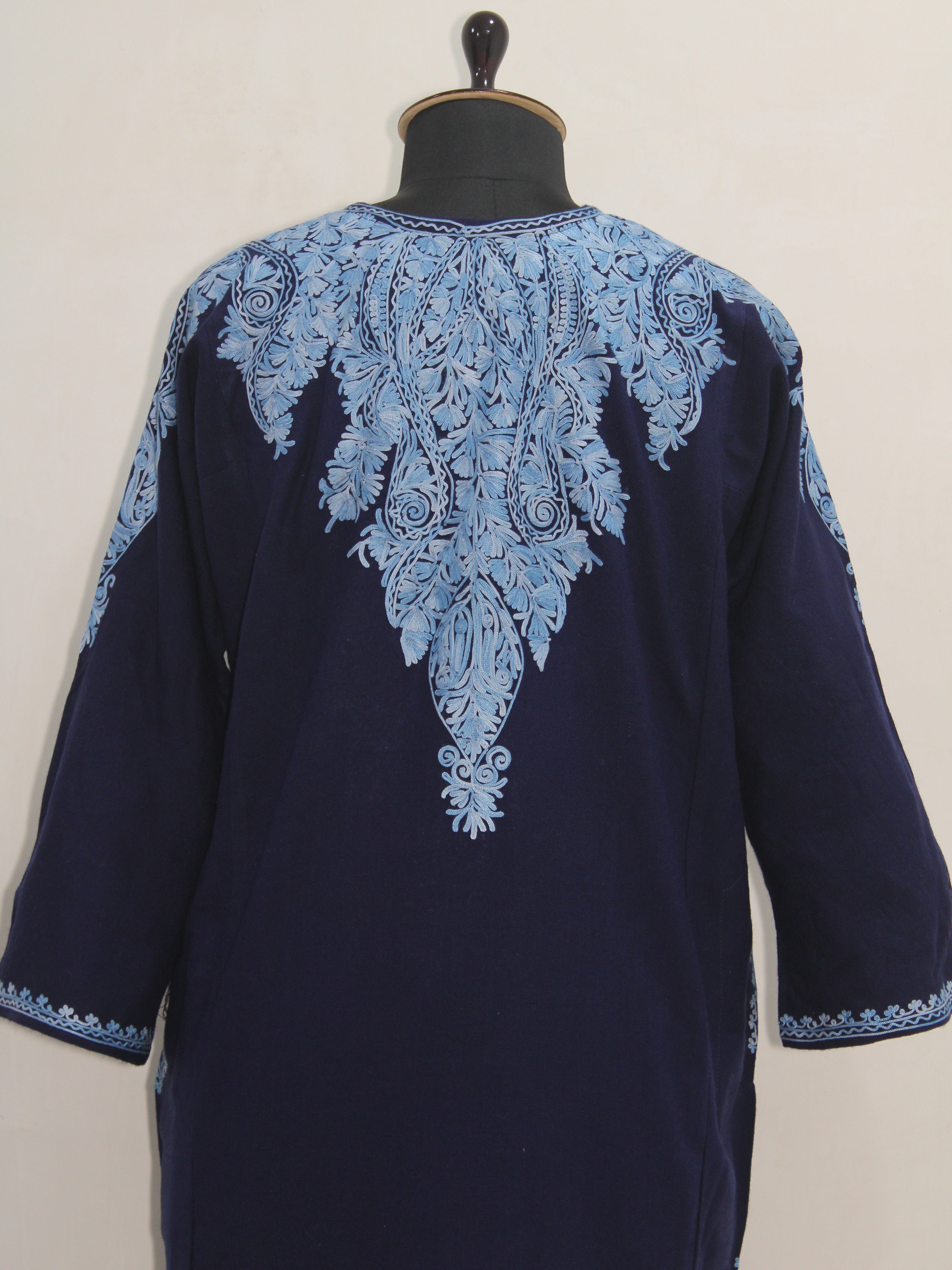 Kashmiri Aari Embroidered Woolen Pheran, Loose Fit Kurta for Women, Paisley Front Back Design