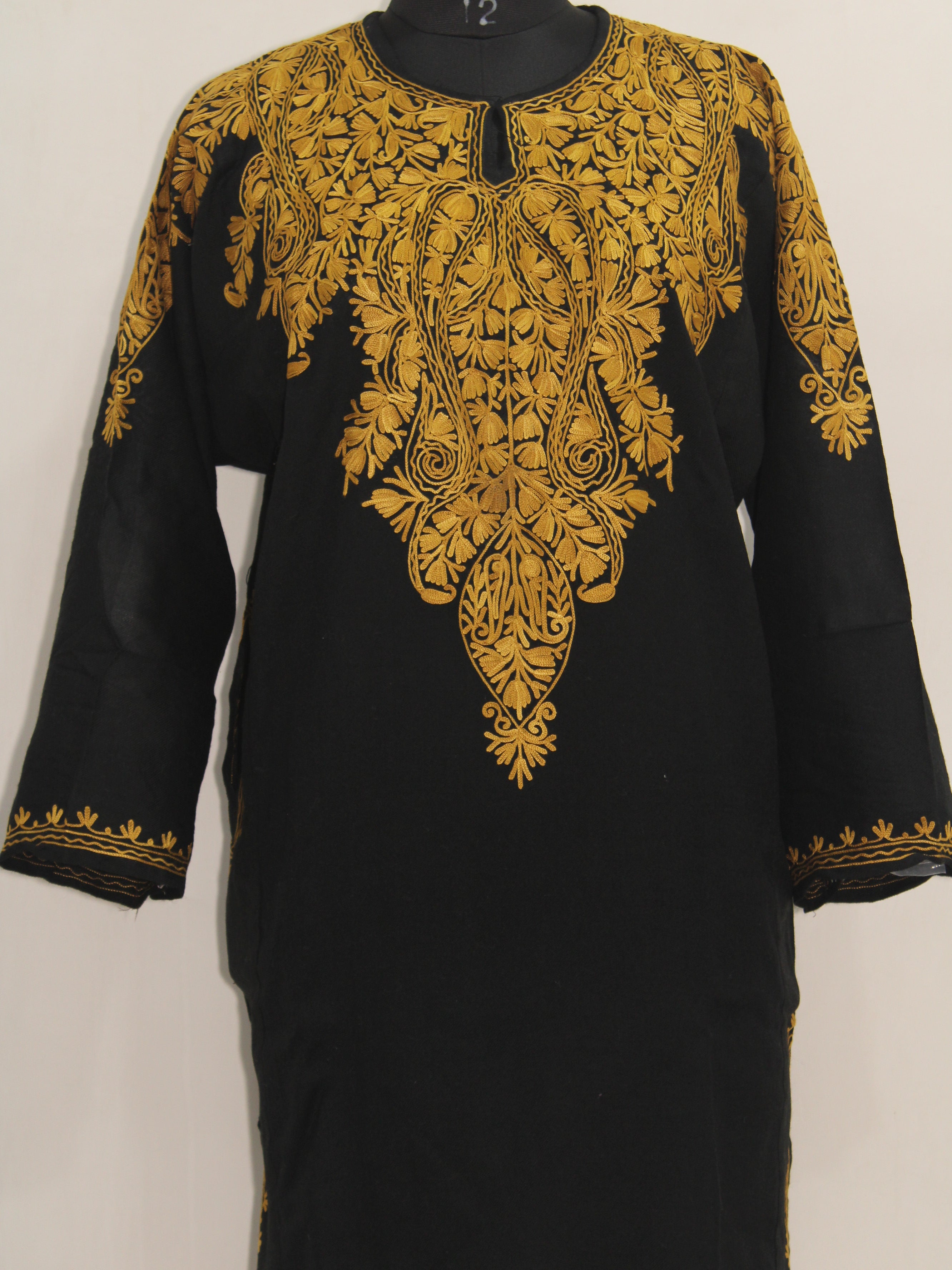 Kashmiri Aari Embroidered Woolen Pheran, Loose Fit Kurta for Women, Paisley Front Back Design