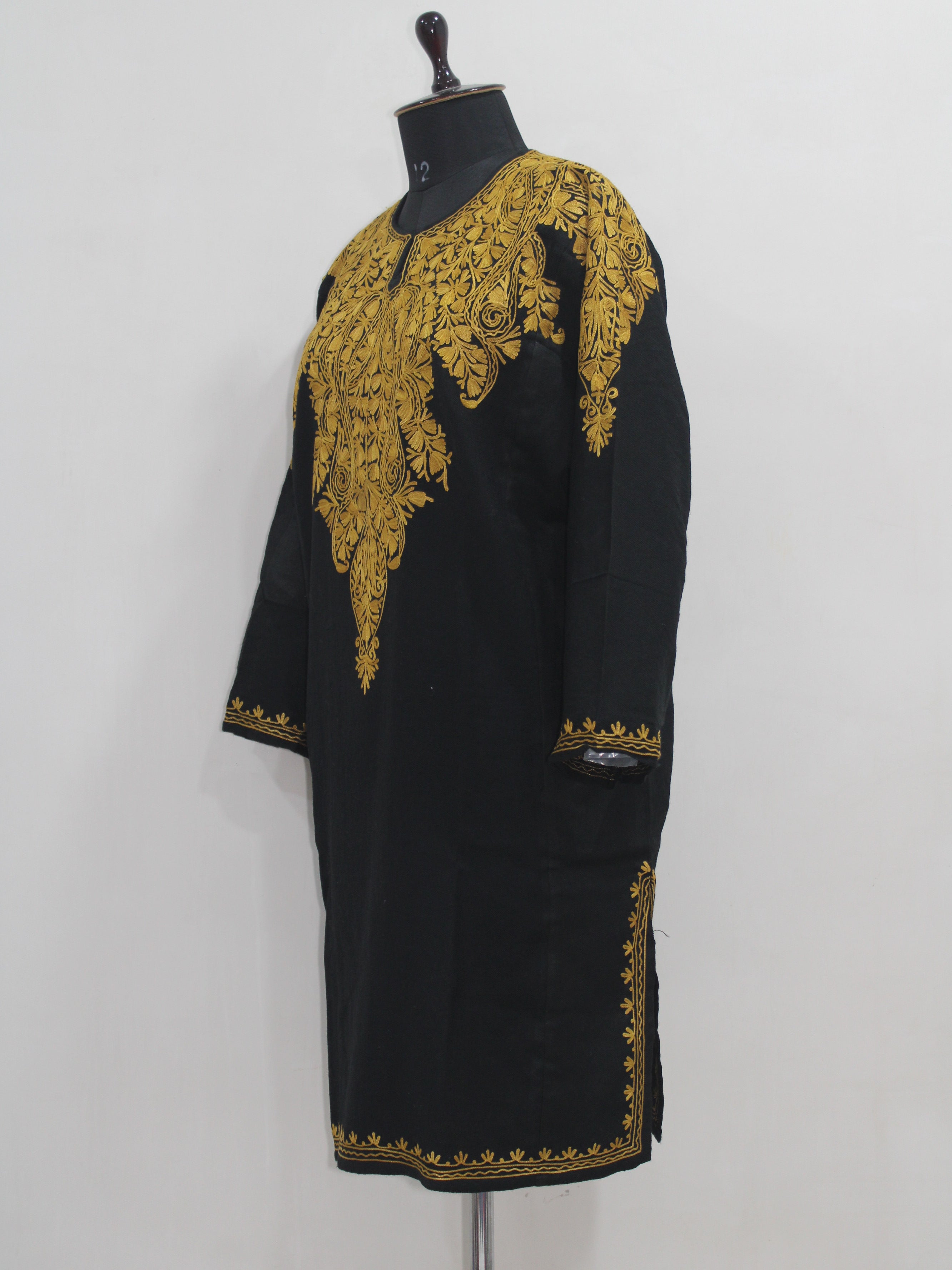 Kashmiri Aari Embroidered Woolen Pheran, Loose Fit Kurta for Women, Paisley Front Back Design