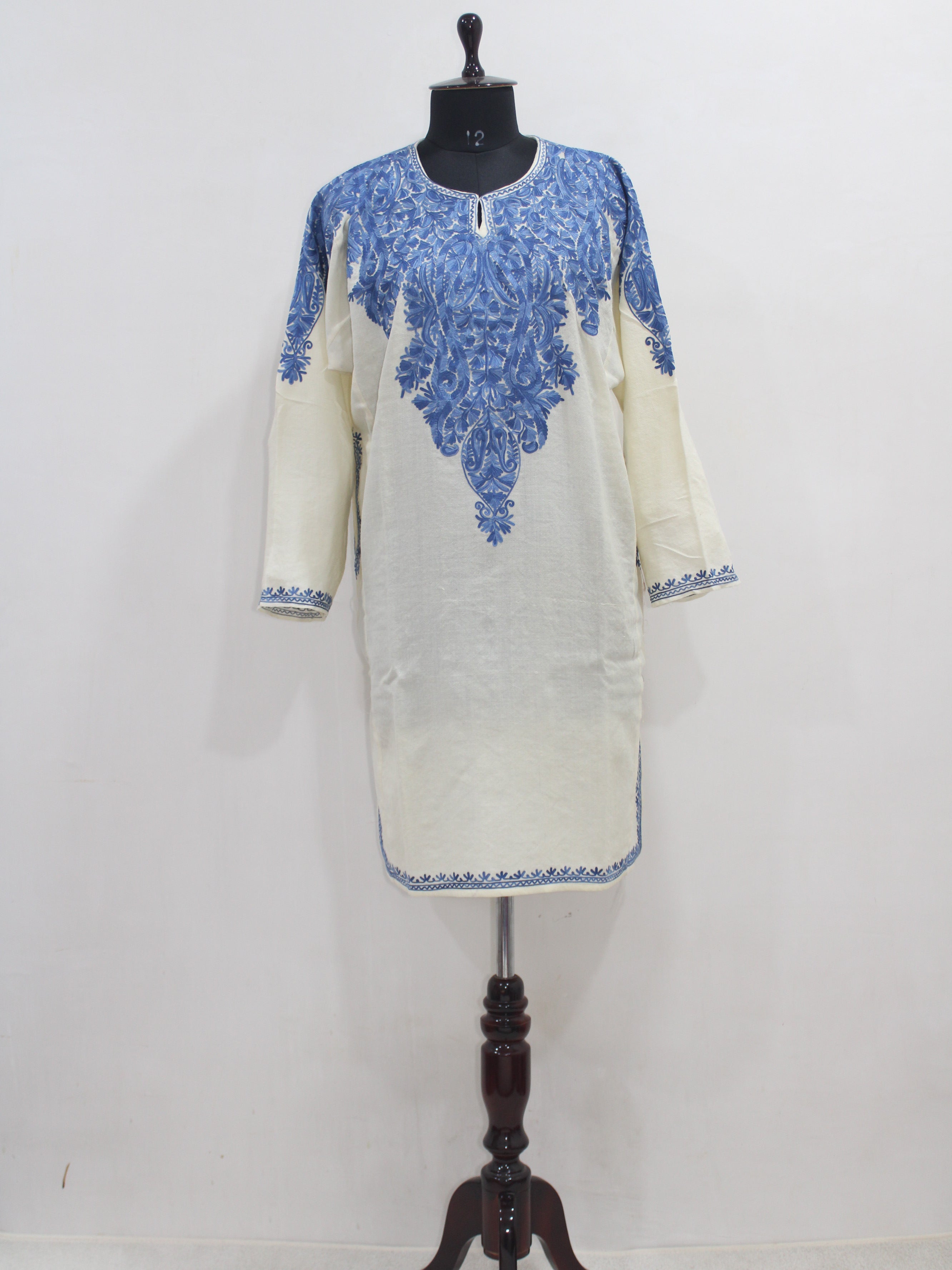 Kashmiri Aari Embroidered Woolen Pheran, Loose Fit Kurta for Women, Paisley Front Back Design