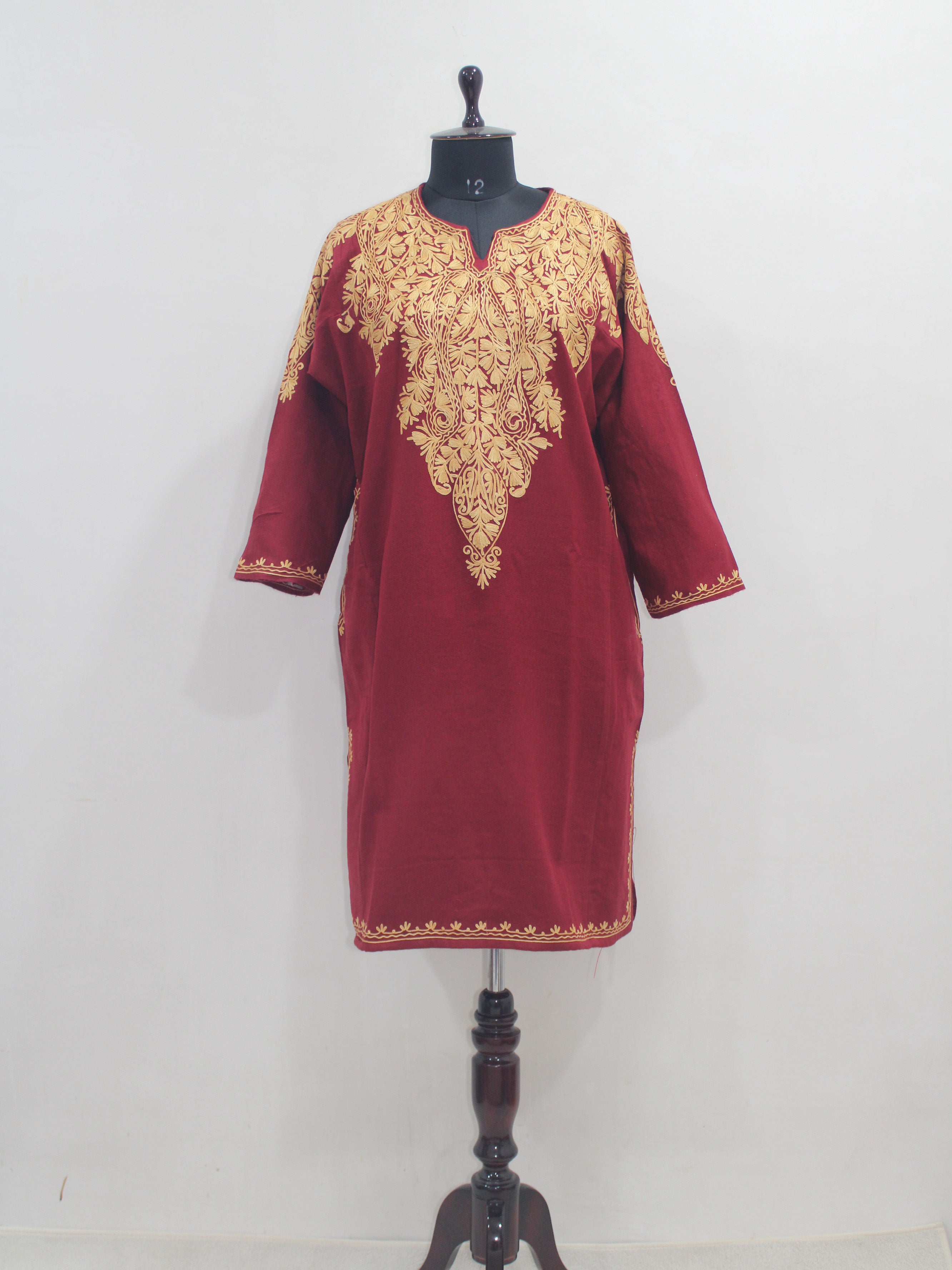 Kashmiri Aari Embroidered Woolen Pheran, Loose Fit Kurta for Women, Paisley Front Back Design