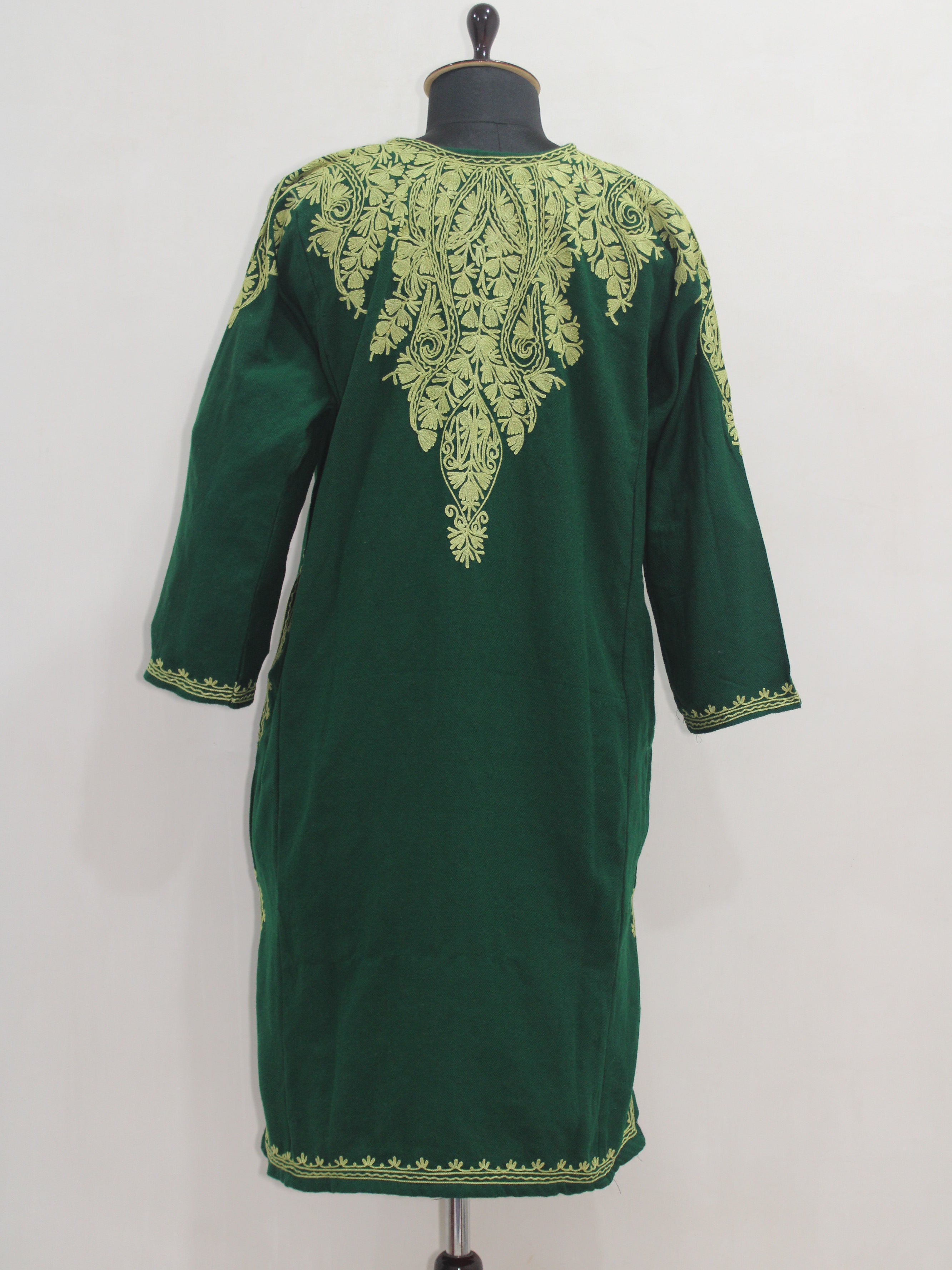 Kashmiri Aari Embroidered Woolen Pheran, Loose Fit Kurta for Women, Paisley Front Back Design