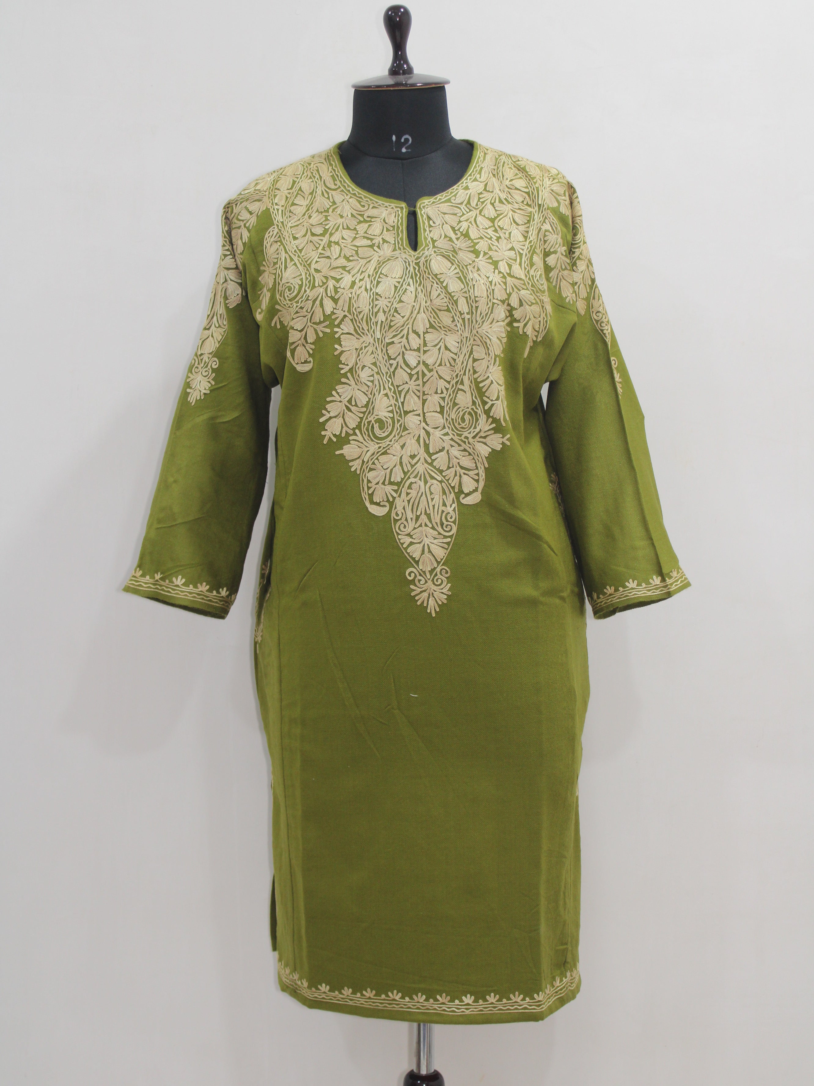 Kashmiri Aari Embroidered Woolen Pheran, Loose Fit Kurta for Women, Paisley Front Back Design