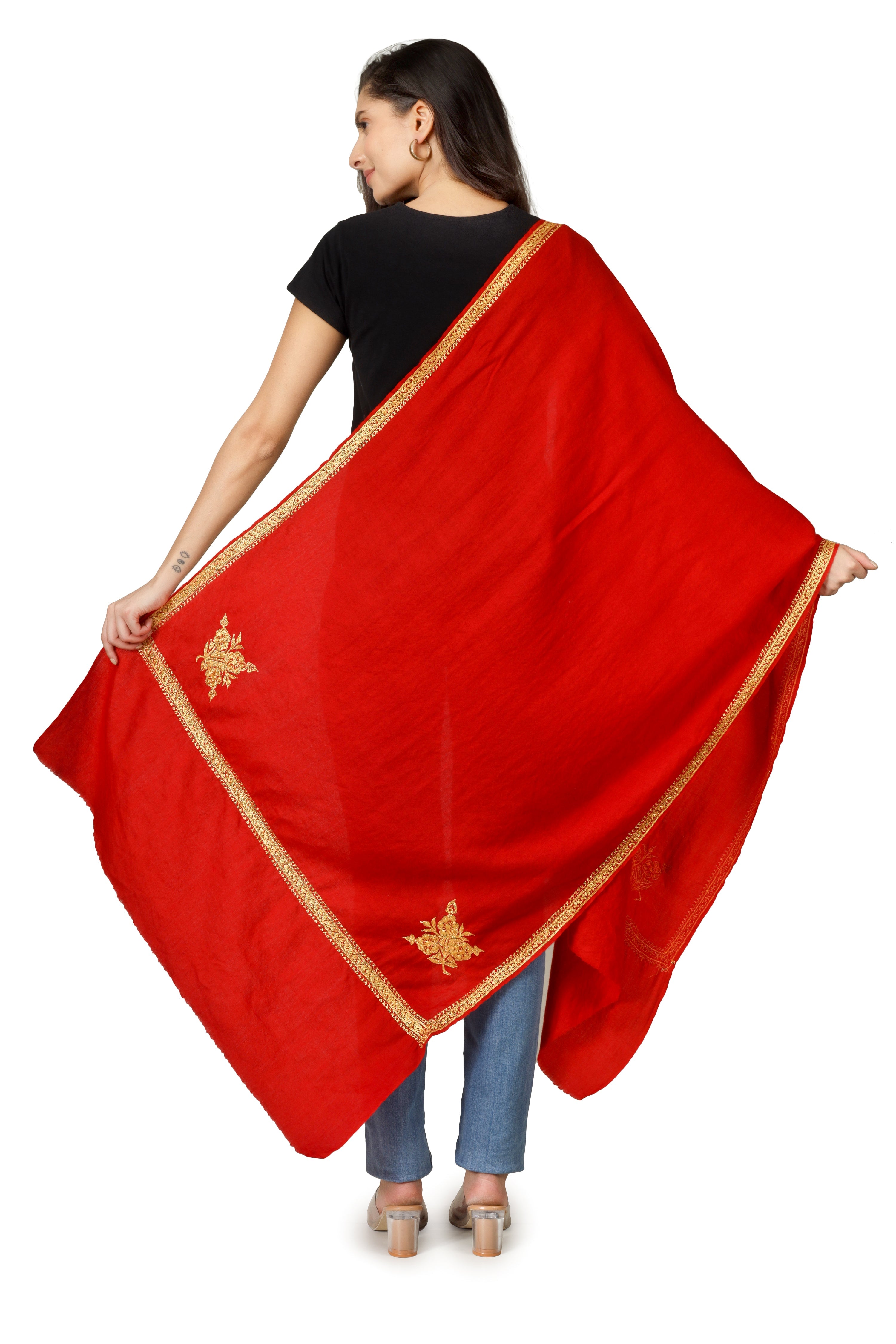 Gold Tilla Hand Embroidered Indian Purewool Stole, Kashmiri Handmade Red Scarf - BATIN