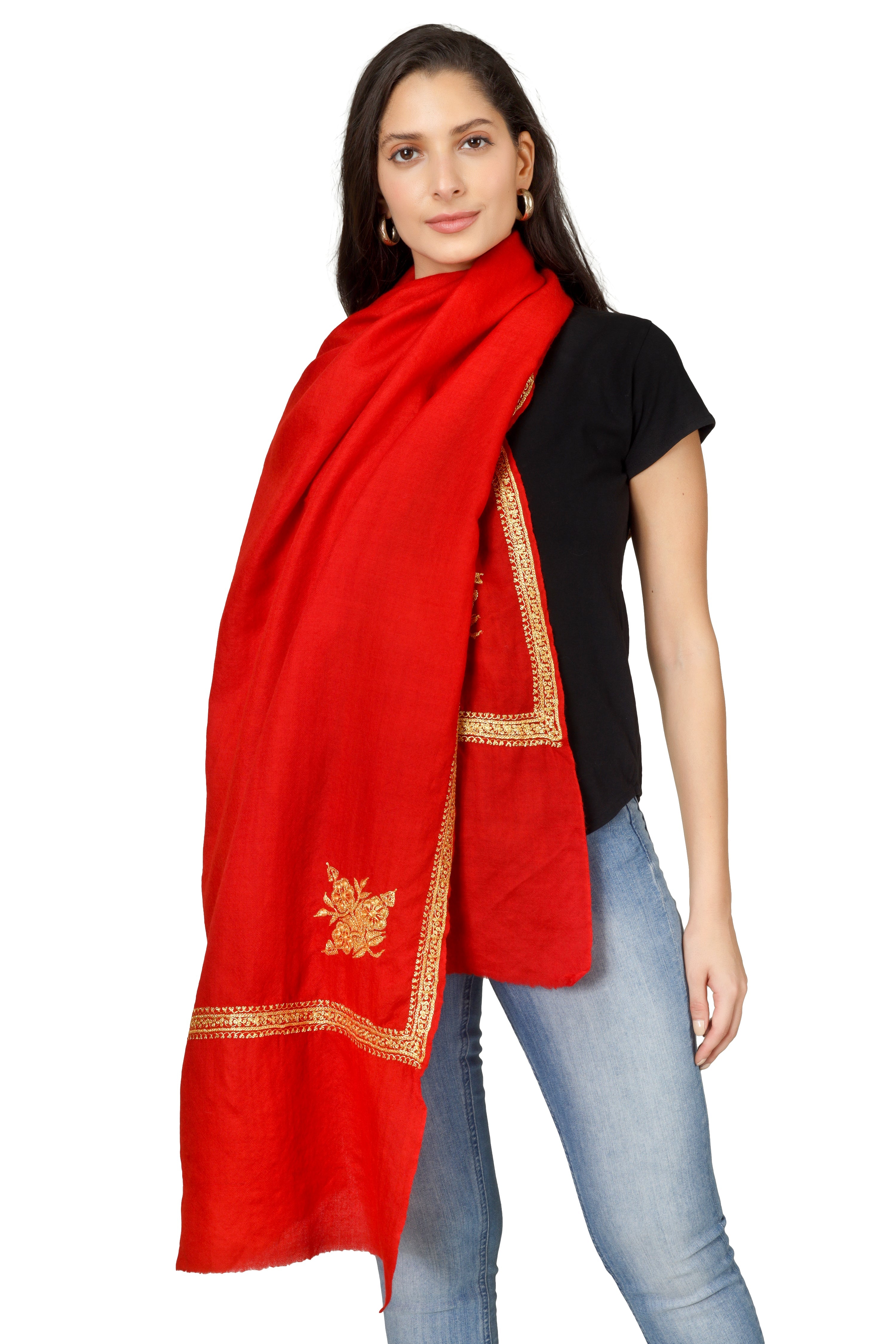 Gold Tilla Hand Embroidered Indian Purewool Stole, Kashmiri Handmade Red Scarf BATIN