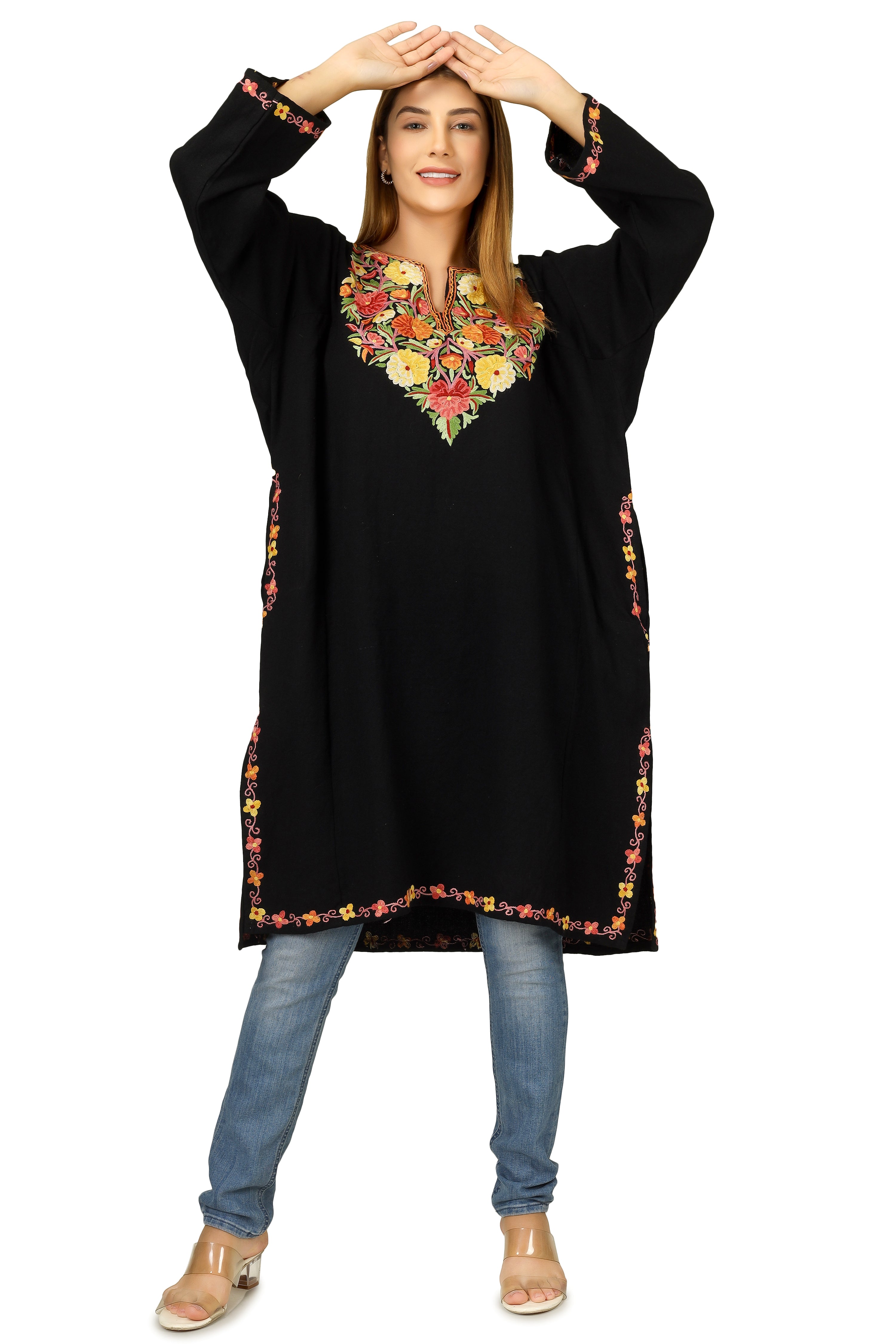 Kashmiri Pheran, Hand Work Aari Embroidered Pure Merino Wool Pheran, Chain Stitch Women Kurtis, Ethnic Indian Tunics Black