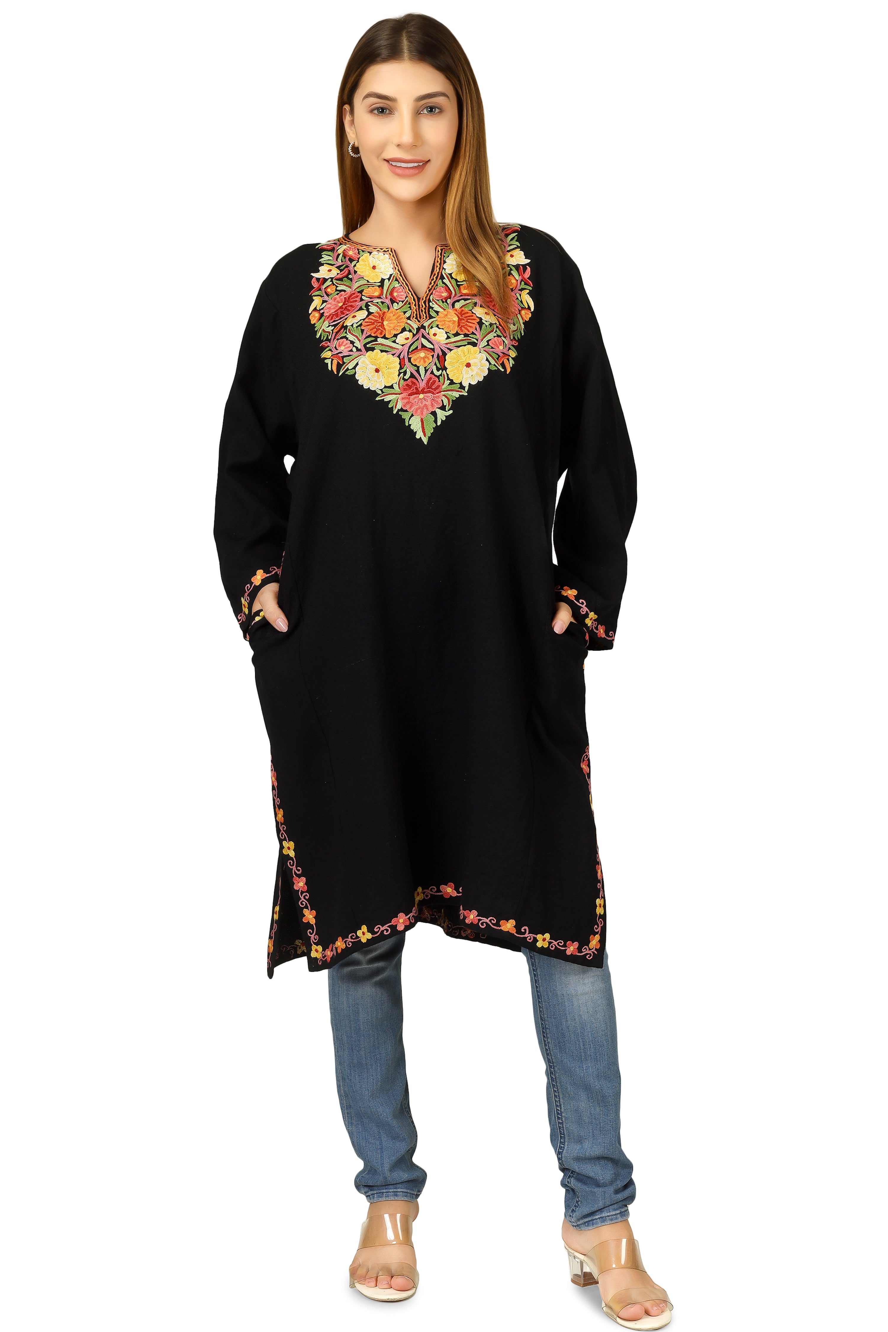Kashmiri Pheran, Hand Work Aari Embroidered Pure Merino Wool Pheran, Chain Stitch Women Kurtis, Ethnic Indian Tunics Black