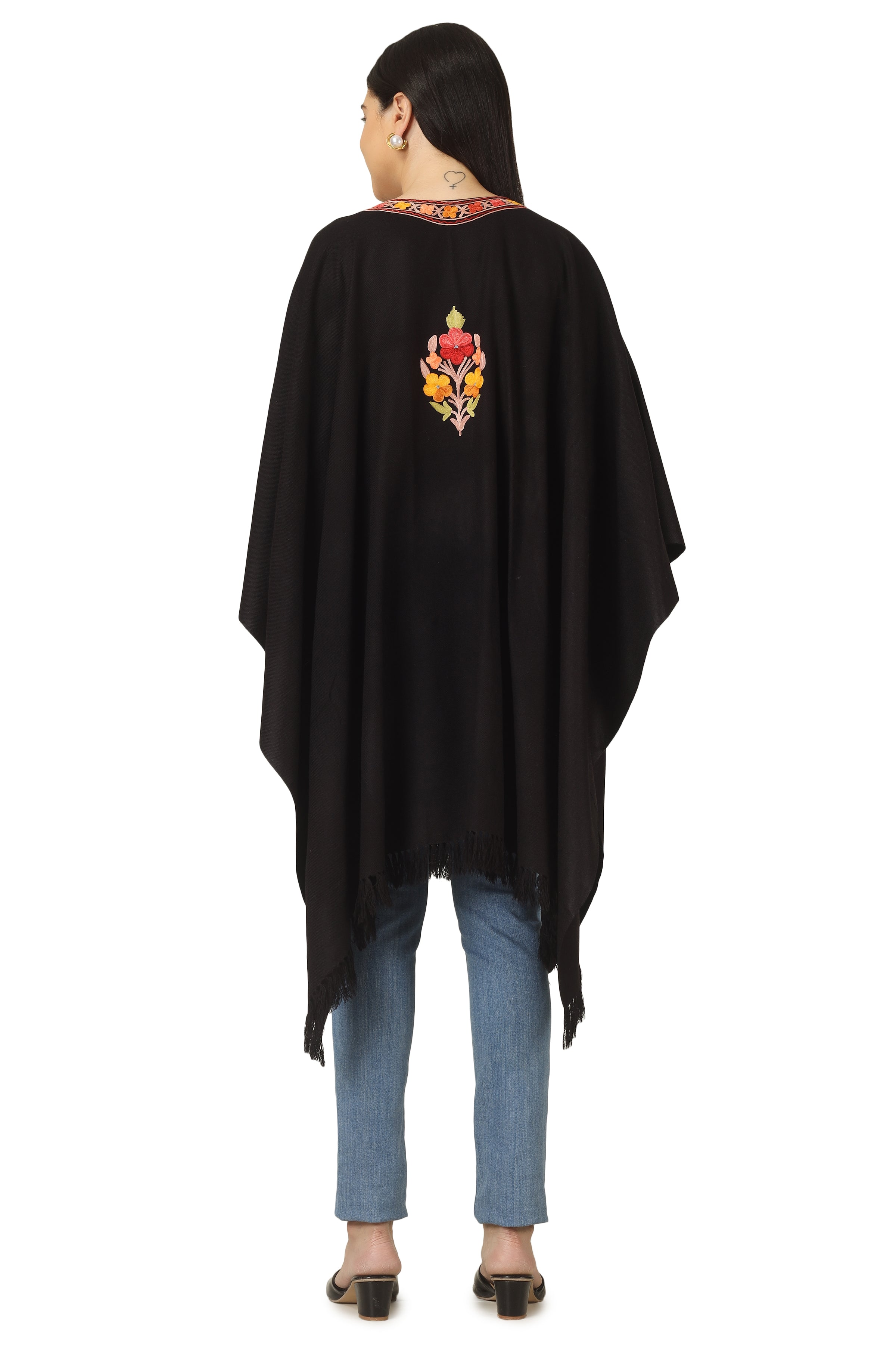 Kashmiri Aari Embroidered Cape Shawl for Women, Floral Embroidered Cape Shawl Black BATIN