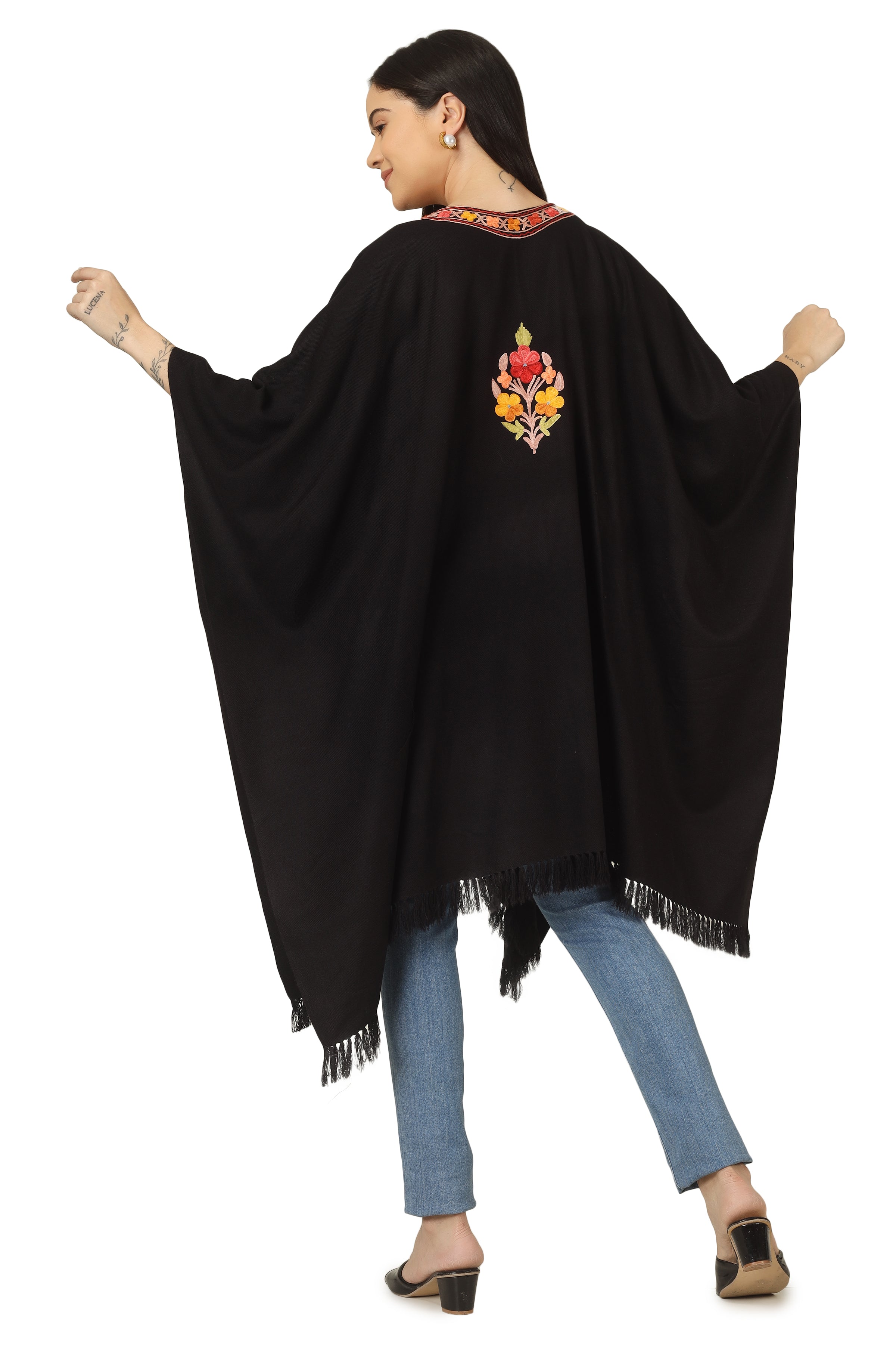 Kashmiri Aari Embroidered Cape Shawl for Women, Floral Embroidered Cape Shawl Black BATIN