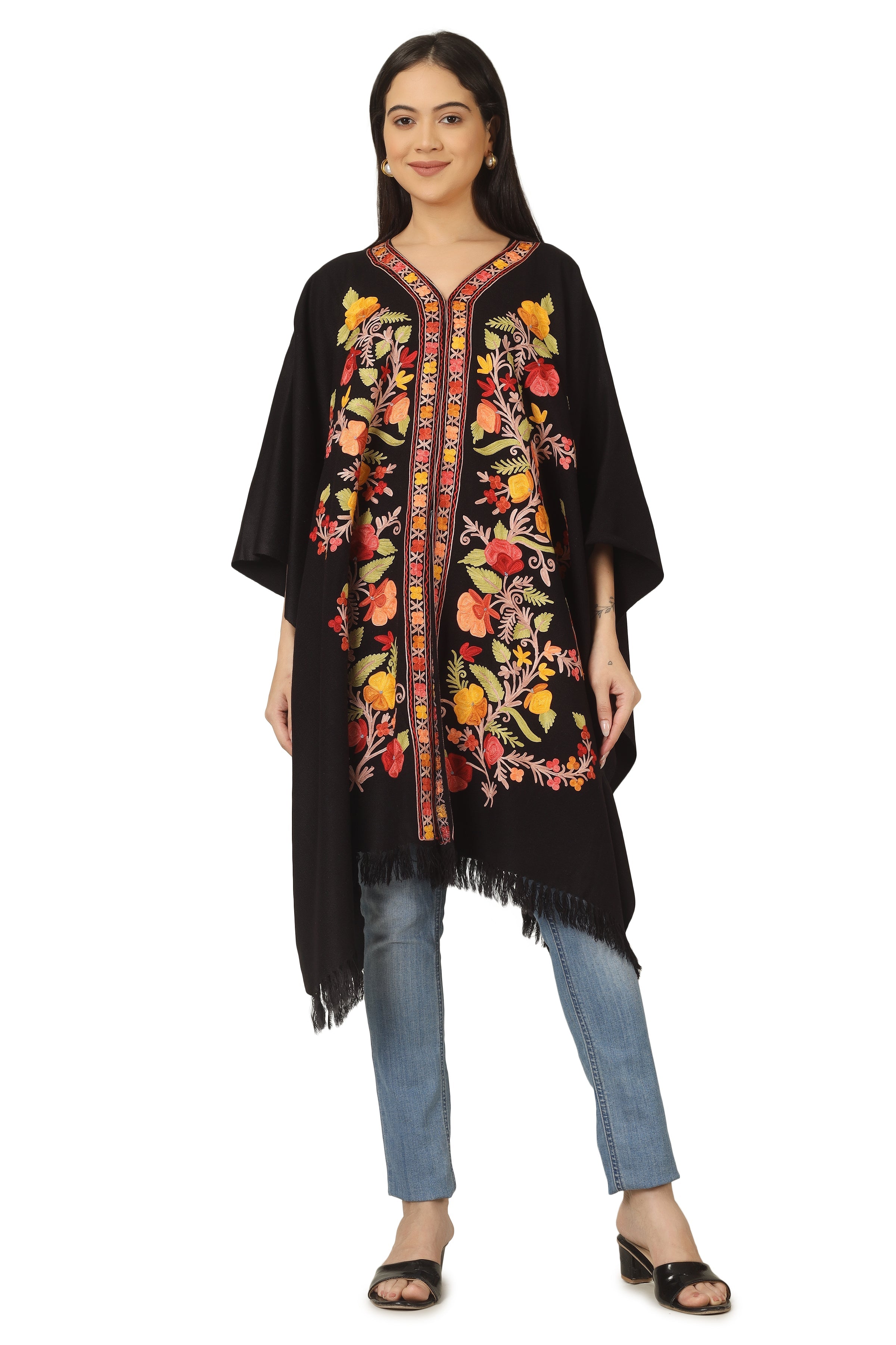 Kashmiri Aari Embroidered Cape Shawl for Women, Floral Embroidered Cape Shawl Black BATIN